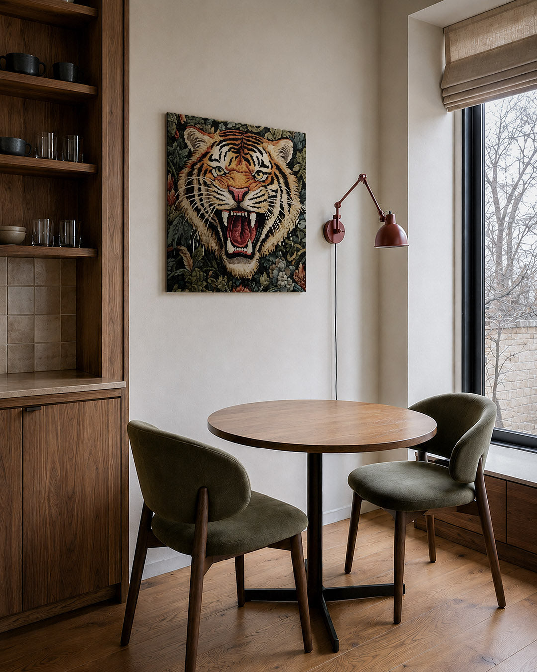 Dierlijke kracht kunstwerk – derde productweergave – dit kunstwerk toont een krachtige tijgerkop met intense kleuren en