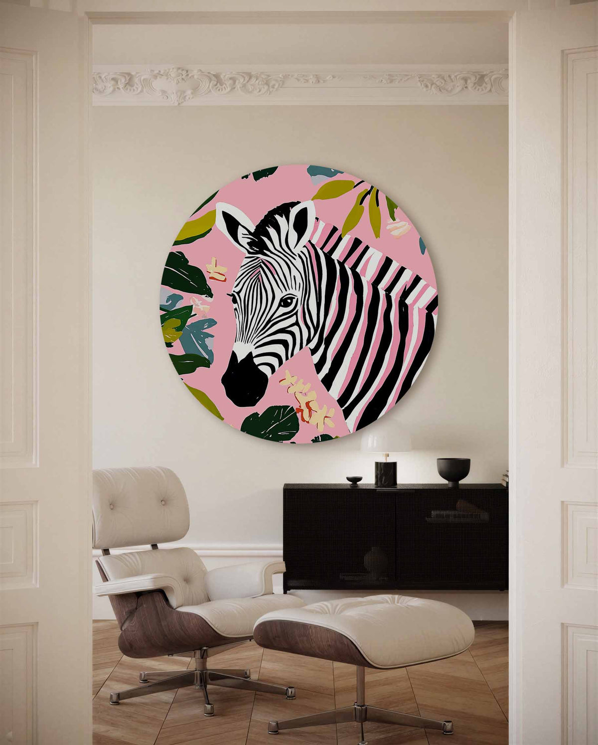 Zebra en bladeren – illustratie muurcirkel als ronde muurdecoratie