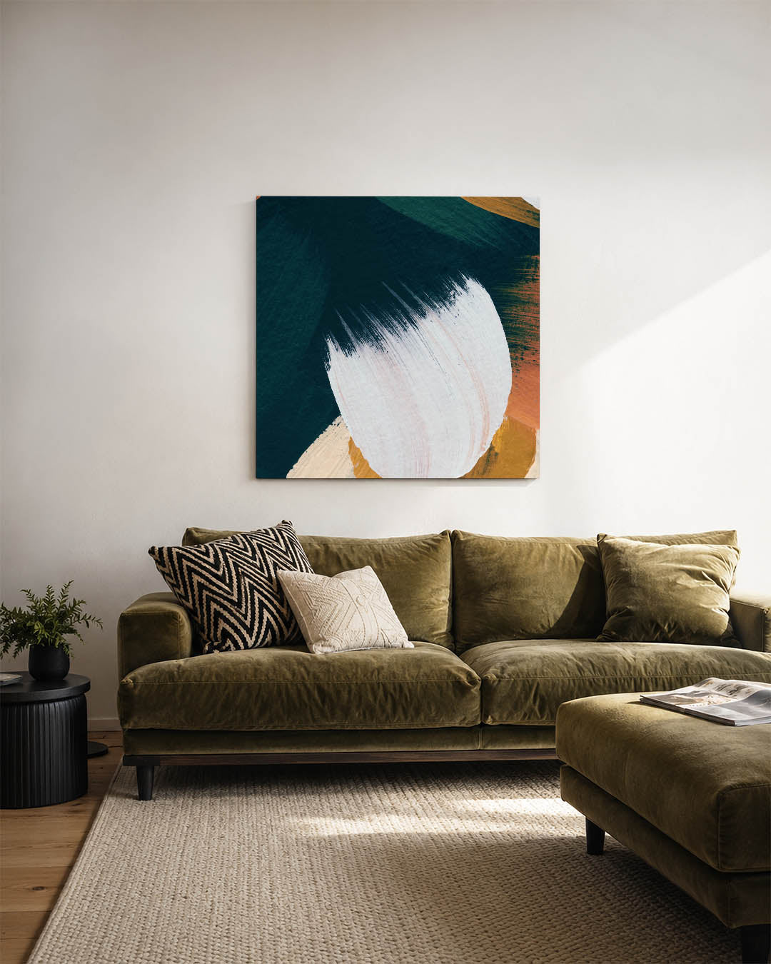 Dynamische kleurencompositie kunstwerk – sfeerbeeld – dit werk toont vloeiende penseelstreken in een harmonie van kleuren. De