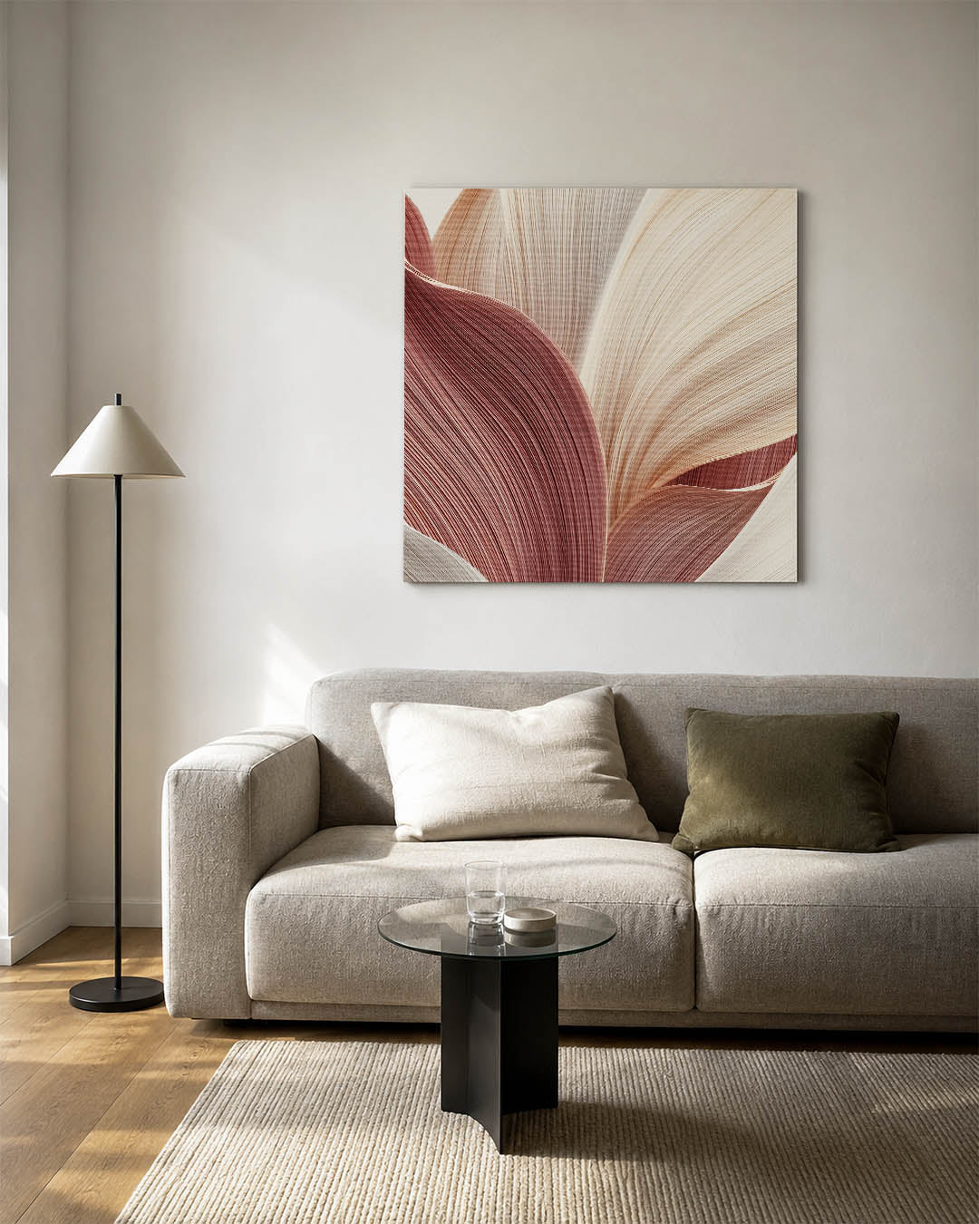 Organische lijnen kunstwerk – vierkante wanddecoratie – dit kunstwerk toont vloeiende, golvende vormen in zachte beige en