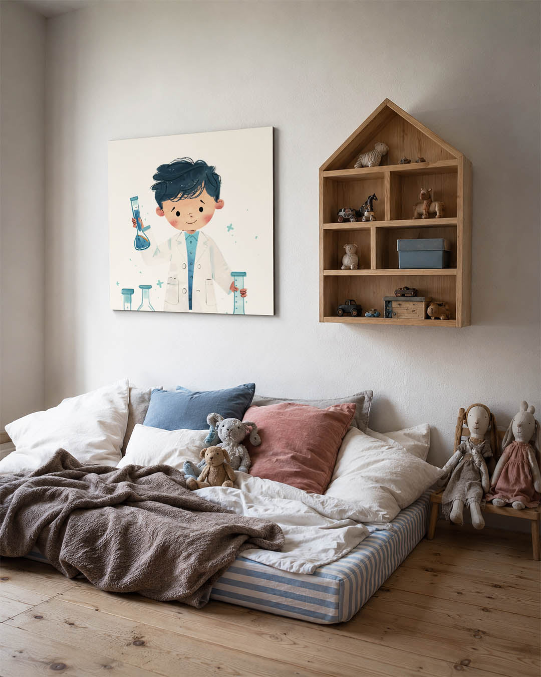 Speelse illustratie kunstwerk – derde productweergave – een vrolijke illustratie van een kind in een witte jas met blauwe