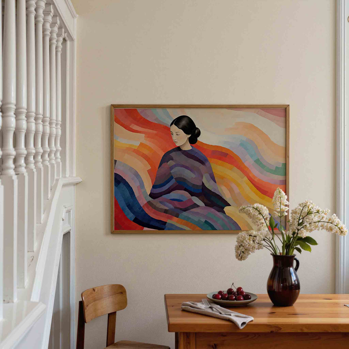 Vrouw met kleurrijke golven – liggende illustratie poster als wanddecoratie