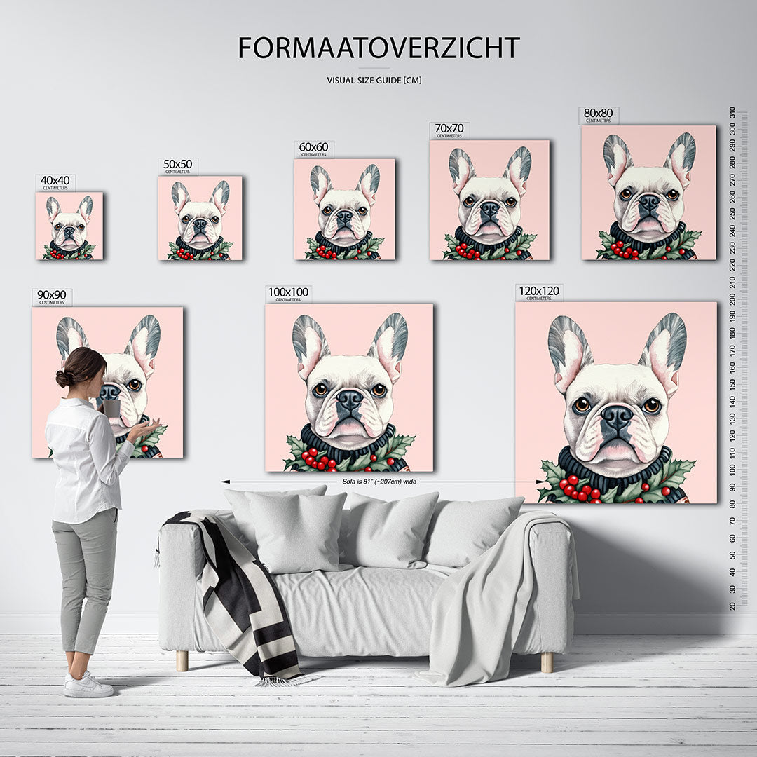 Hond met kerstkrans kunstwerk – sfeerbeeld – dit werk toont een hond met een gedetailleerde kerstkrans. De zachte kleuren en