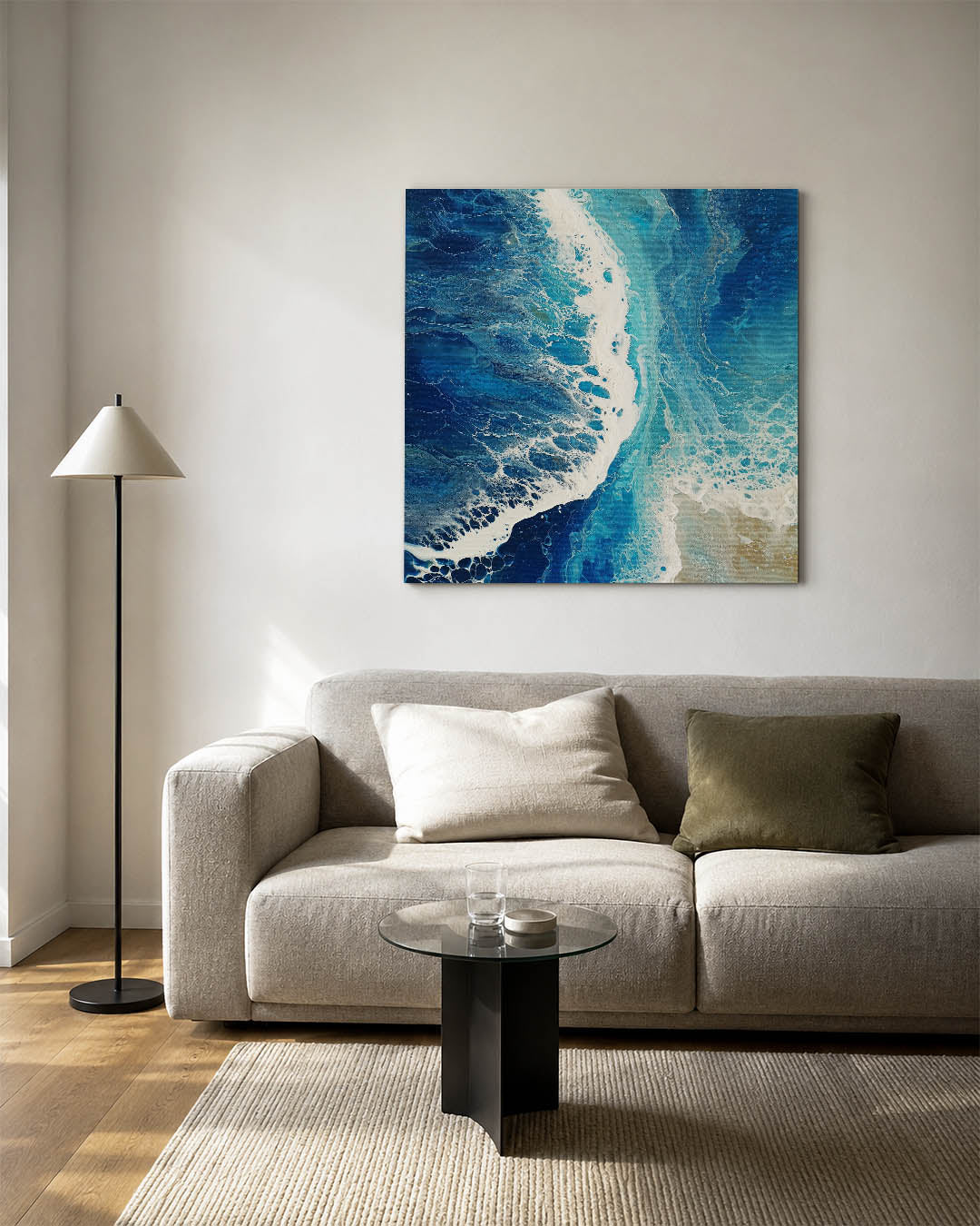 Dynamische oceaan golf kunstwerk – vierkante wanddecoratie – dit kunstwerk toont een vloeiende beweging van blauwe en witte
