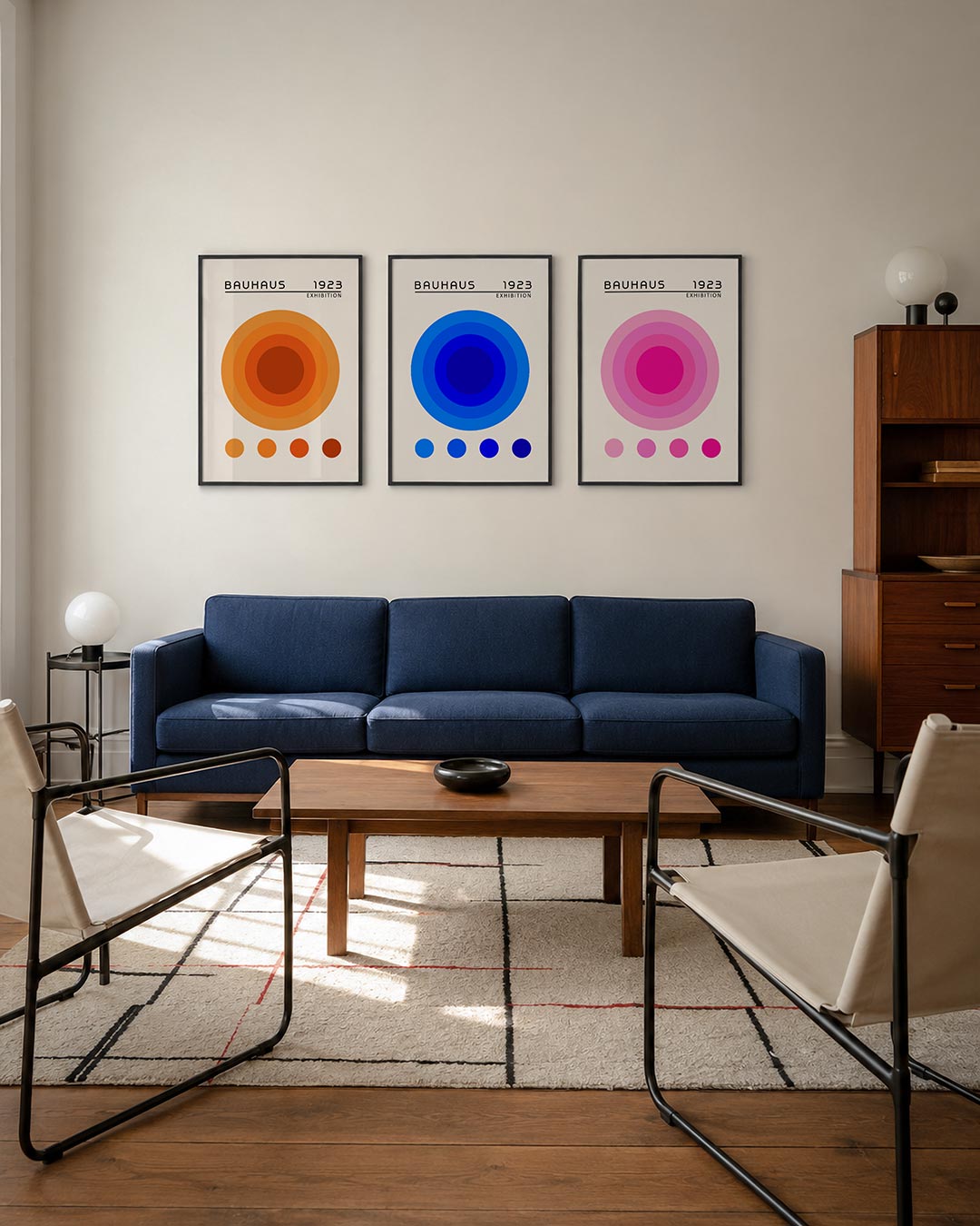 Cirkelharmonie driedelige posterset – deze posterset in drie delen toont een reeks concentrische cirkels in warme