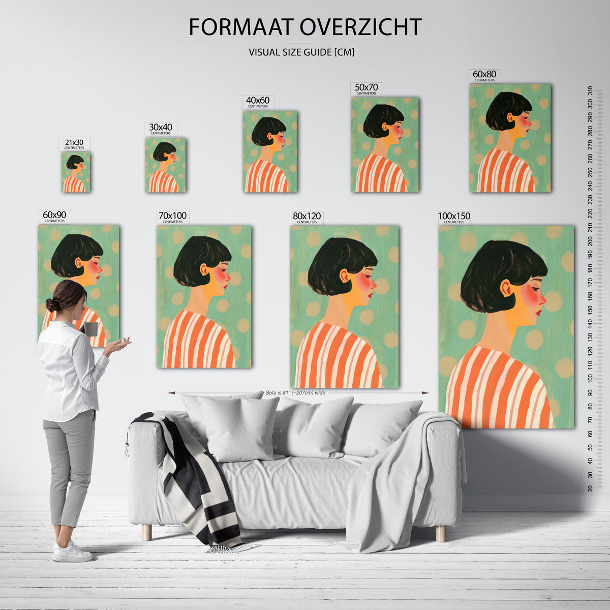 Portret met gestreepte kleding – staande muurposter met kleurrijke illustratie