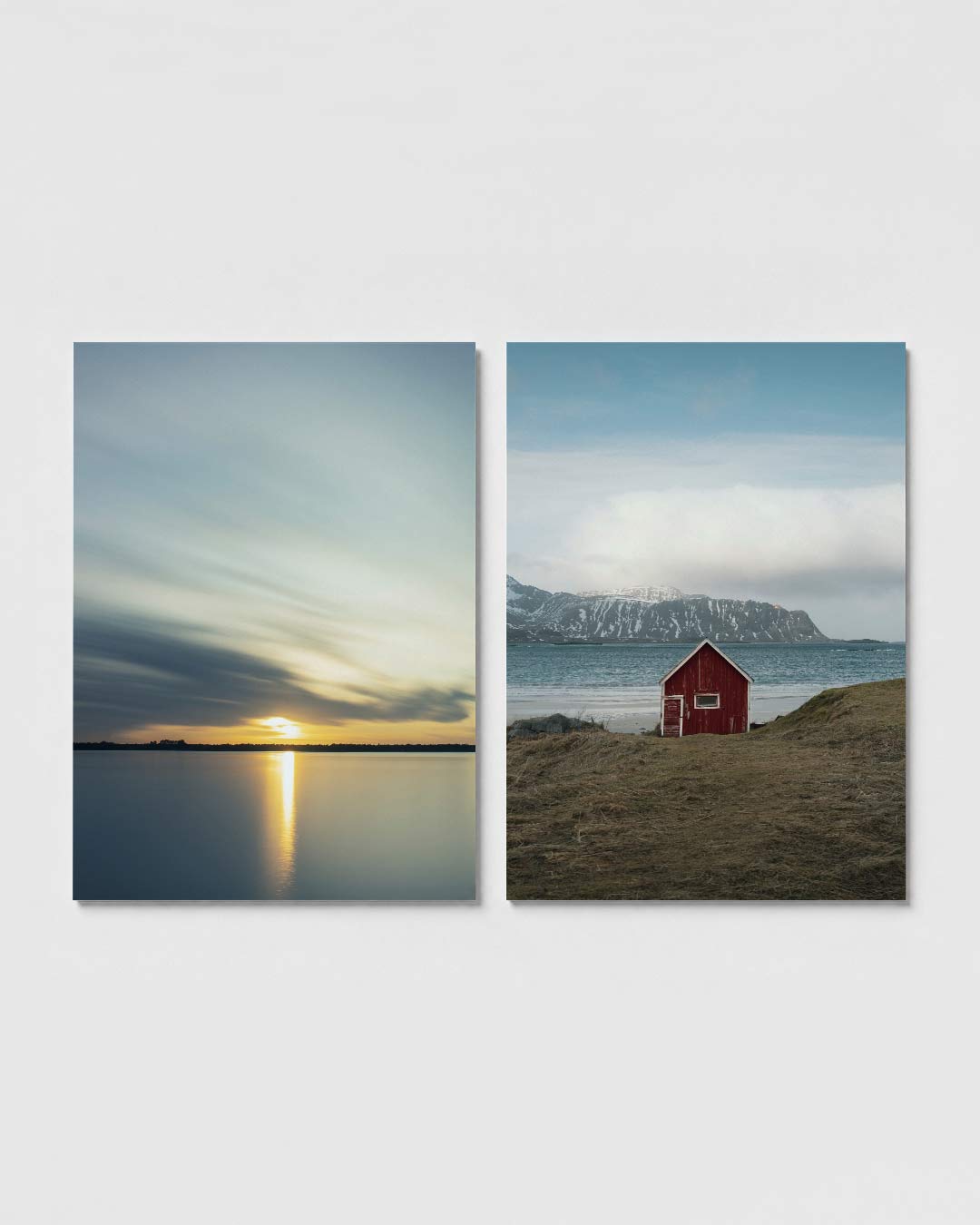 Zonsondergang reflectie posterset – sfeerbeeld – een horizon met zachte, vloeiende lijnen. De zonsondergang kleurt de lucht
