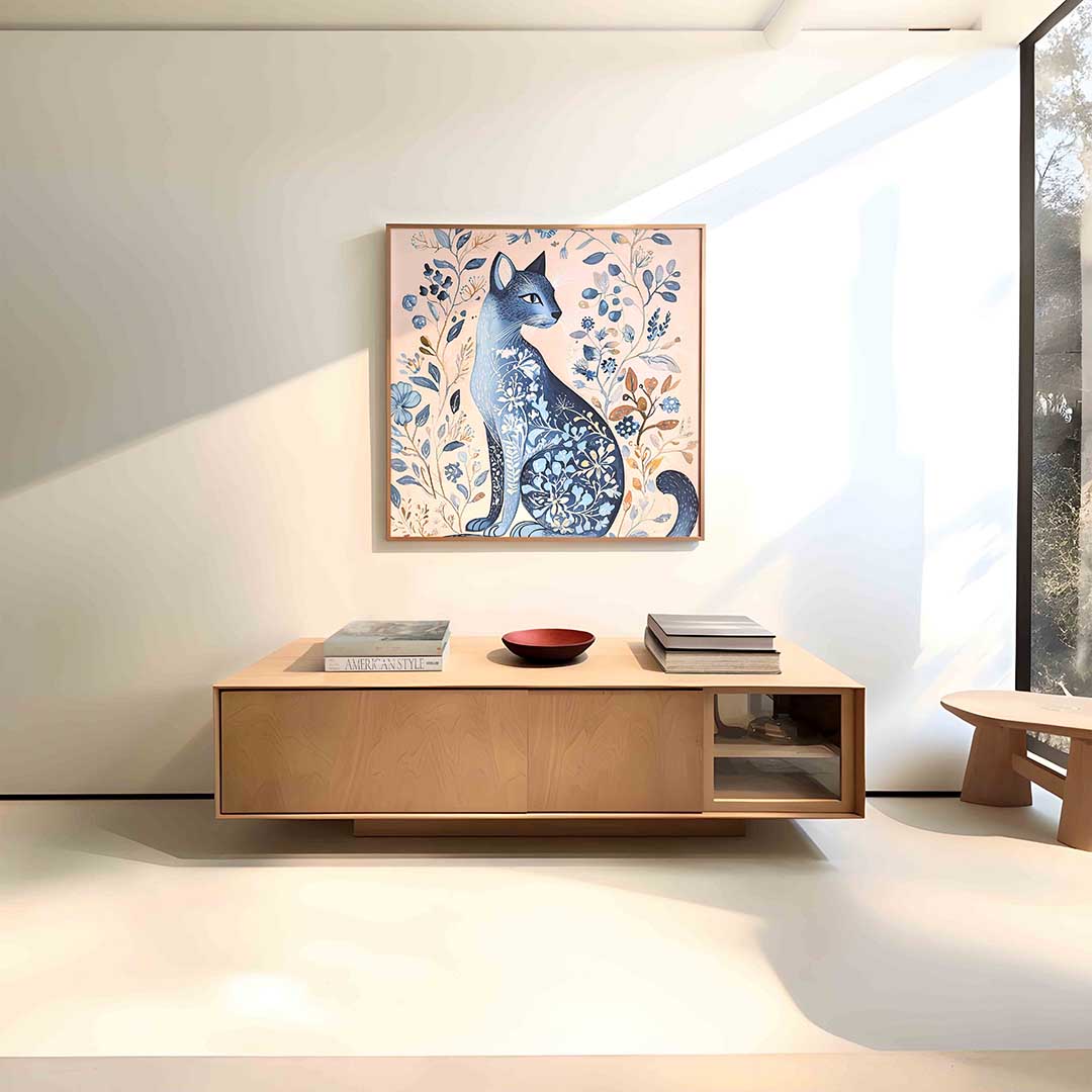 Blauwe kat met bloemen – vierkante dieren wanddecoratie van WallArtistic