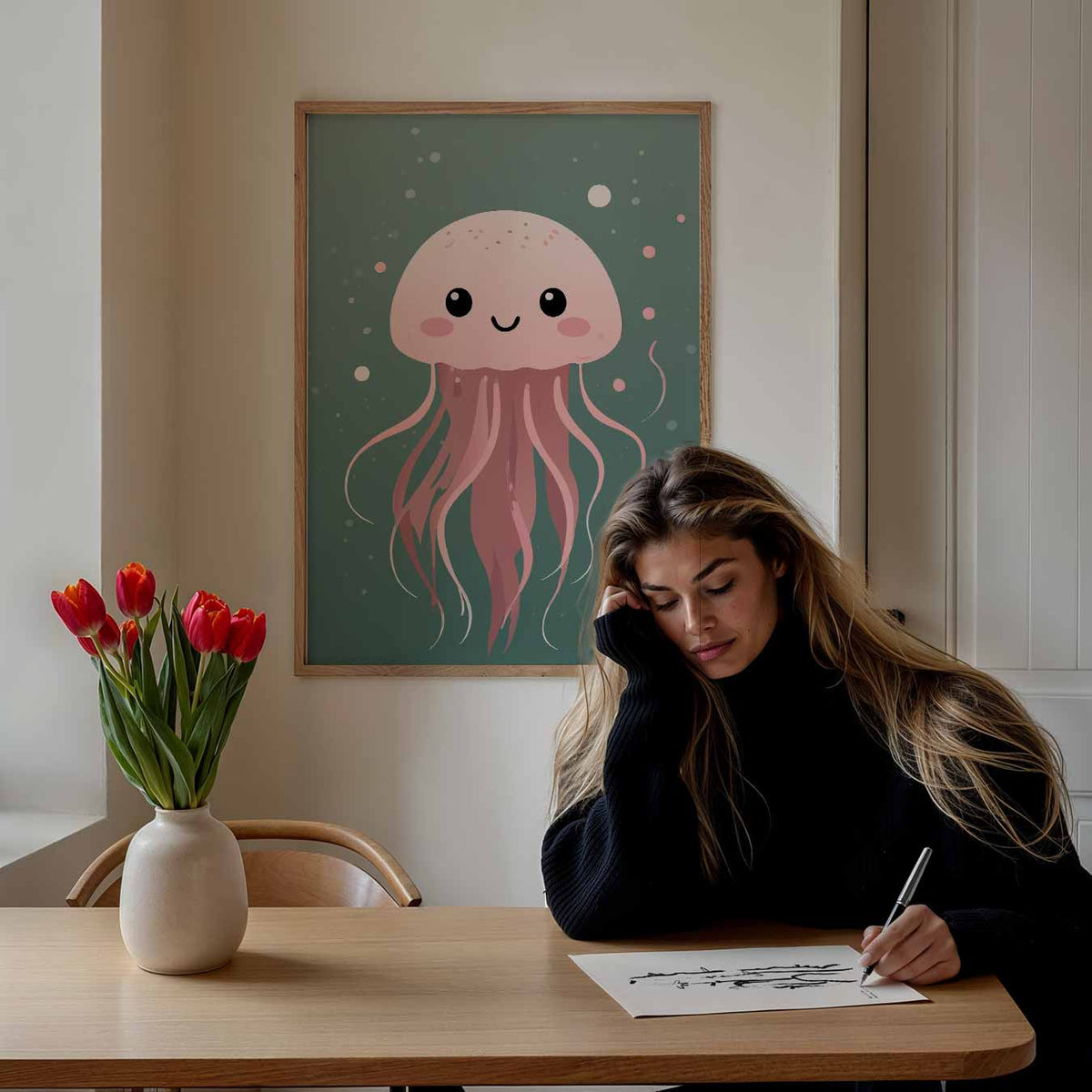 Schattige Kwallenposter – staande dieren wanddecoratie van WallArtistic