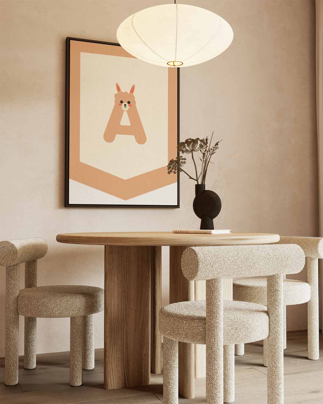 Schattige Alpaca Letter A – kunstwerk met zwarte baklijst