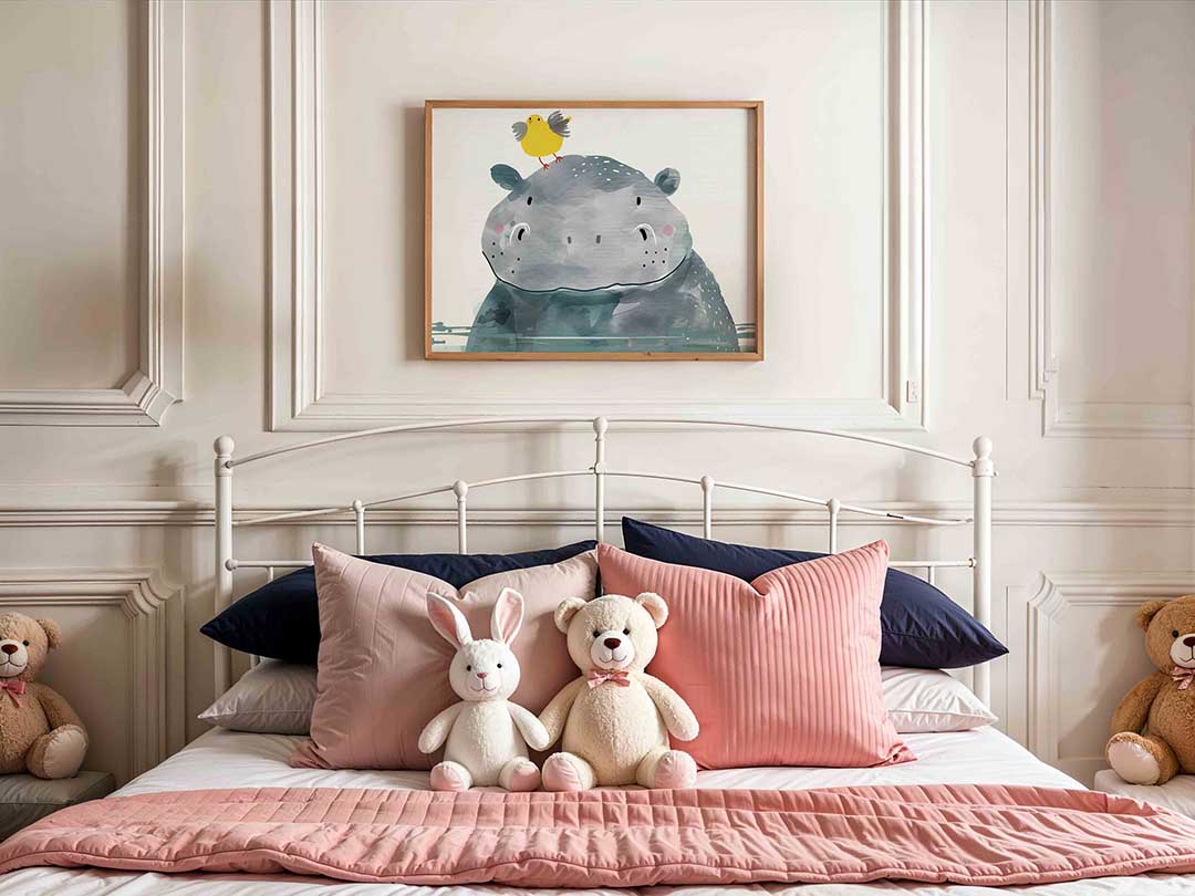 Nijlpaard met vogel – kids poster in liggend formaat