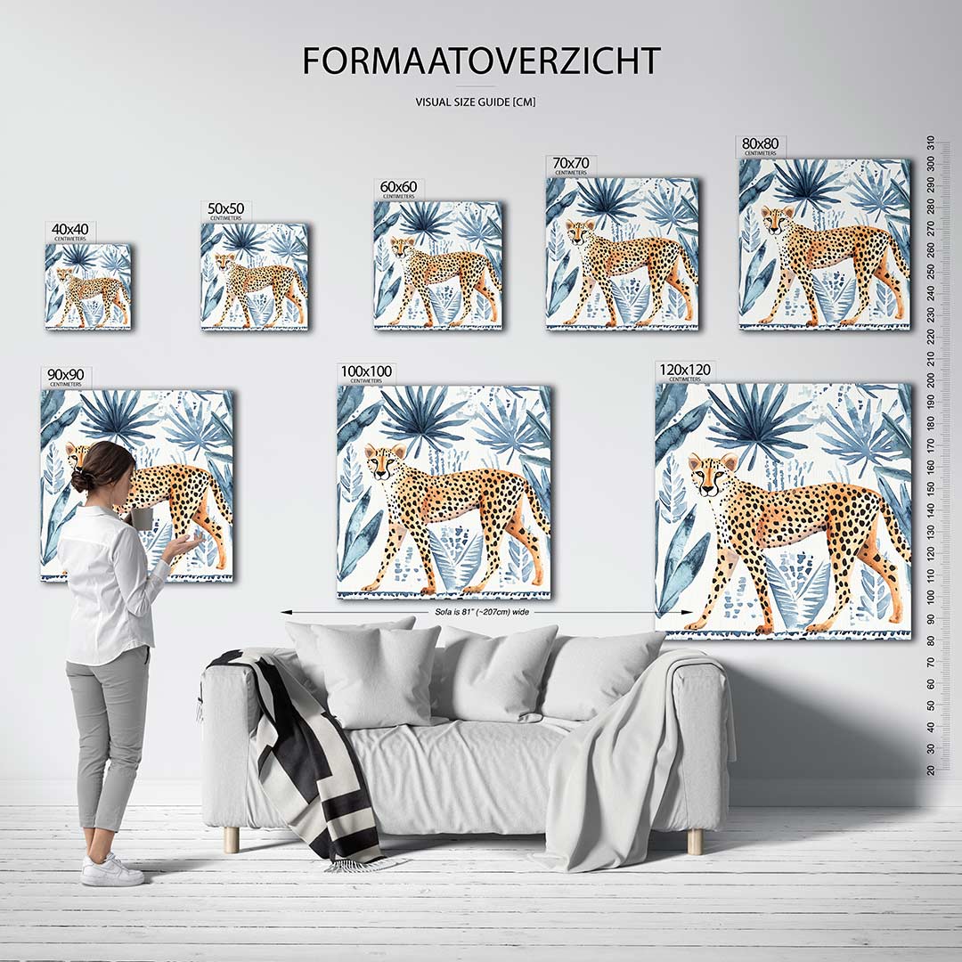 Luipaard en bladeren kunstwerk – dit werk toont een sierlijke luipaard omringd door blauwe bladeren. De compositie combineert