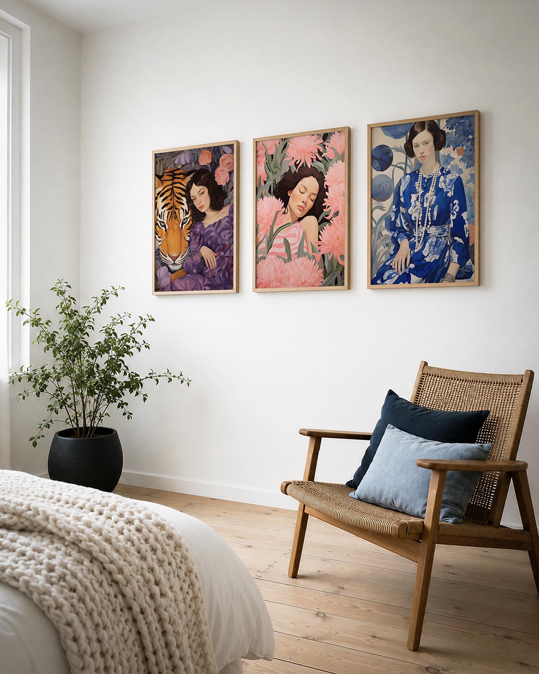Dier en mens harmonie posterset – derde productweergave – een vrouw in een paarse jurk ligt naast een tijger