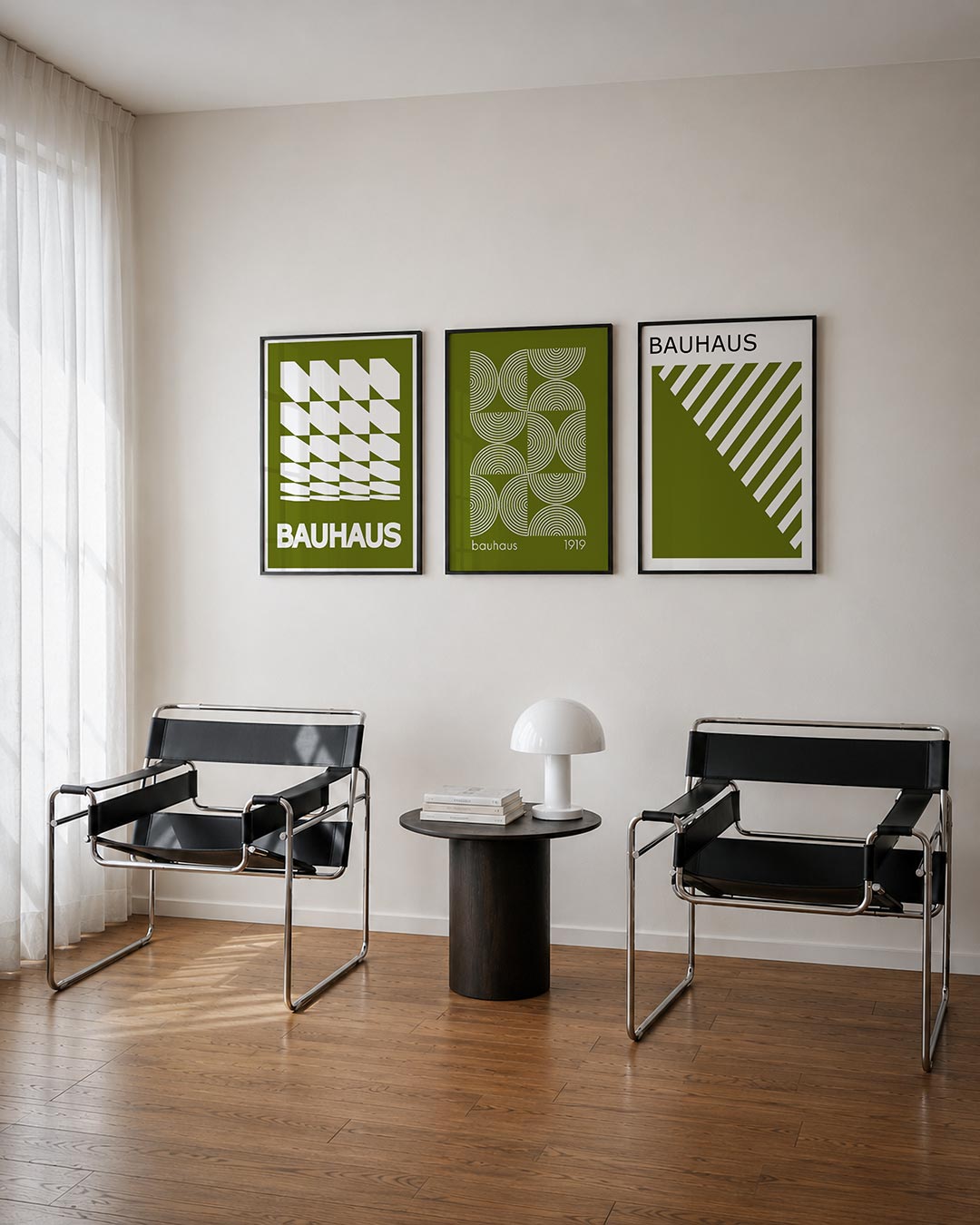 Vorm en ritme driedelige posterset – deze posterset in drie delen toont een spel van witte en olijfgroene vlakken. Rechte
