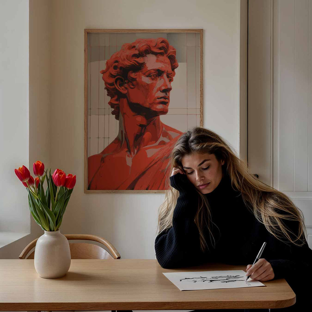 Elegante Rood David Beeld – Popart poster als moderne urban wanddecoratie