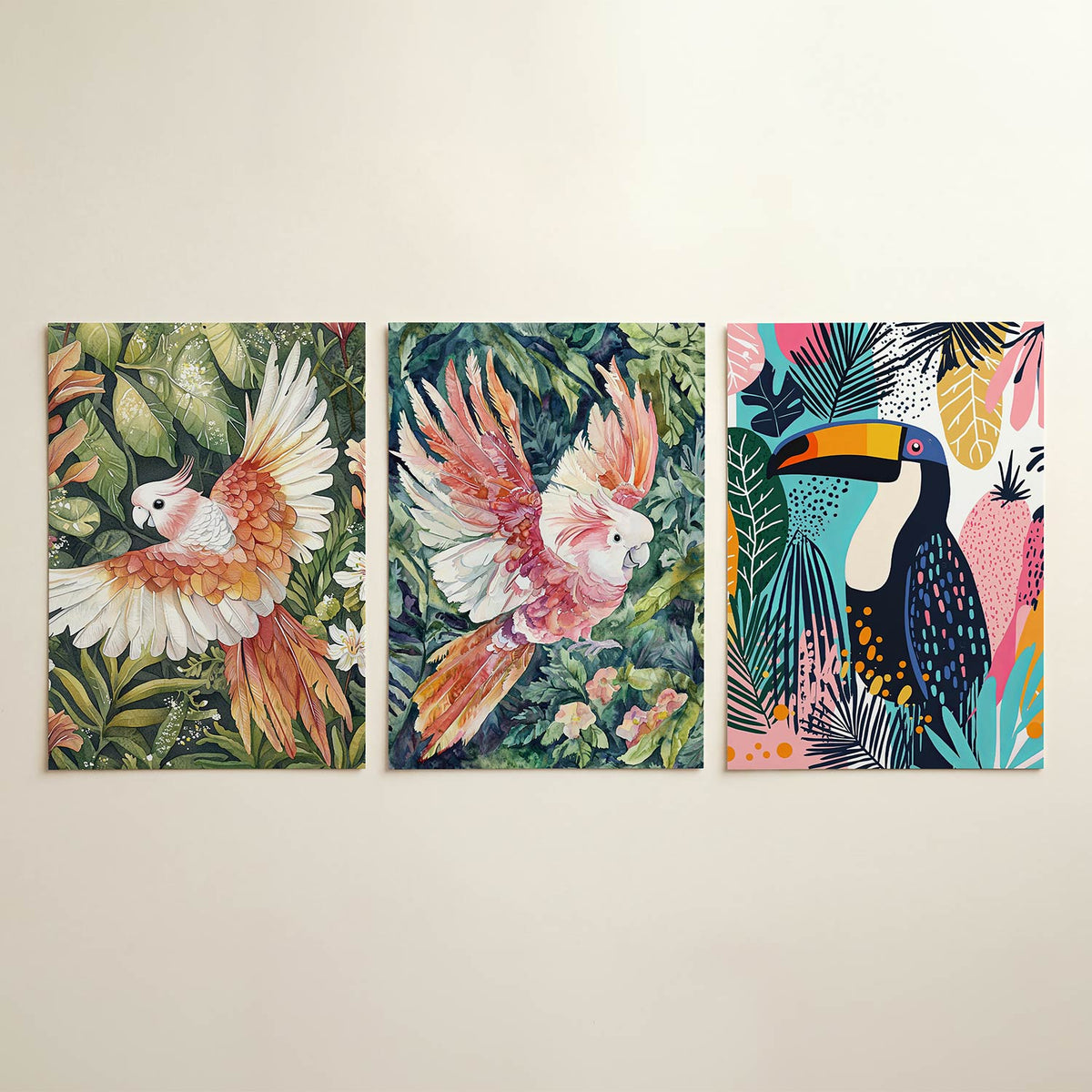 Vleugels en bladeren posterset – detailweergave – een kleurrijke vogel met oranje en witte veren vliegt