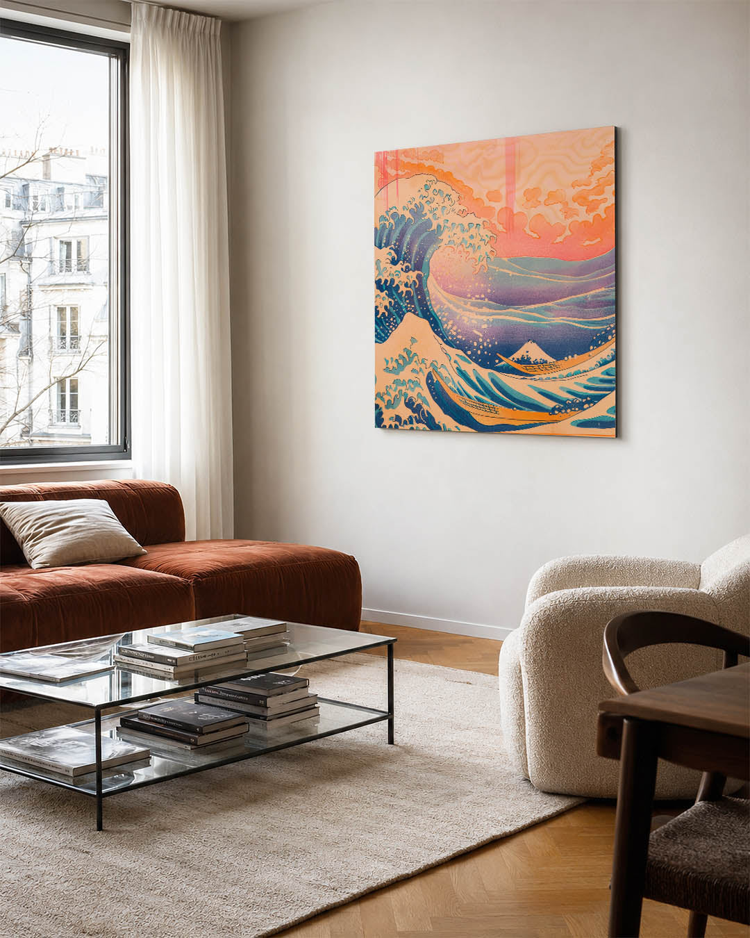Dynamische golfscène kunstwerk – vierkante wanddecoratie – dit kunstwerk toont een krachtige golf met vloeiende lijnen en