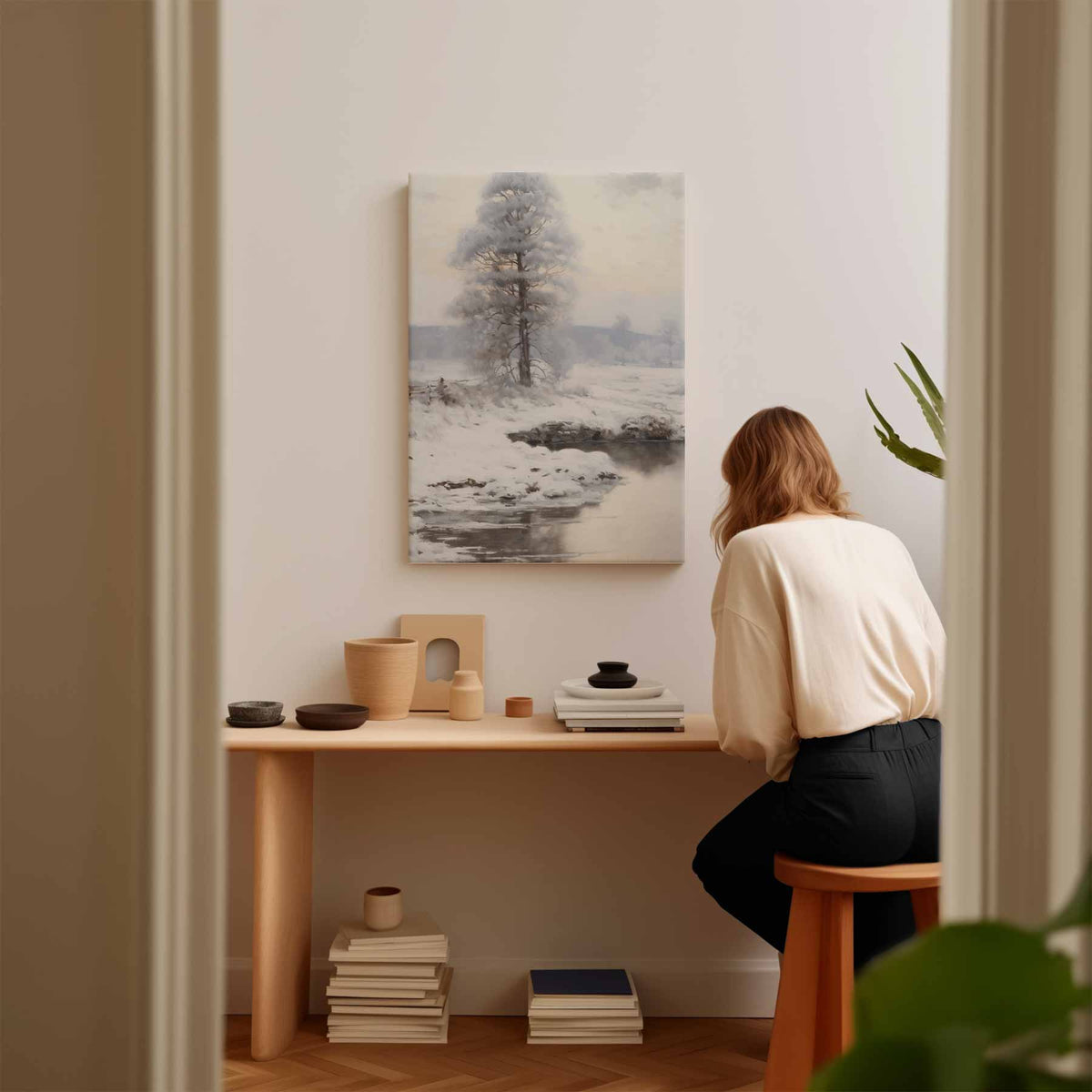 Winterlandschap met Sneeuw en Vijver – kunstwerk met zwarte baklijst