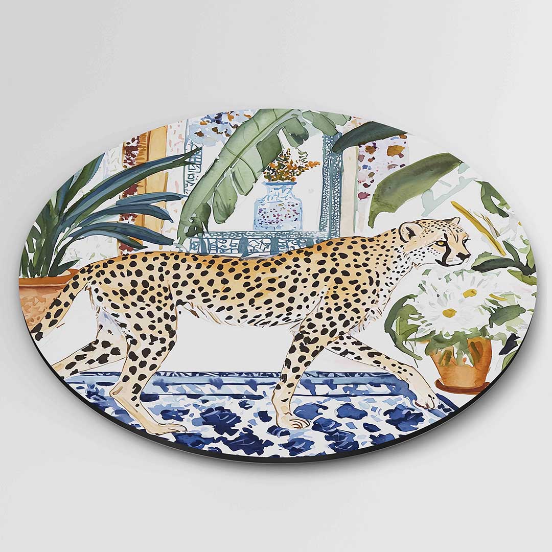 Luipaard en planten – geïllustreerde wandkunst als moderne muurcirkel