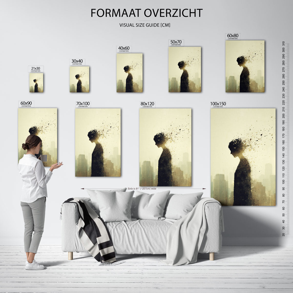 Stadssilhouet met figuur – staande muurposter met abstracte vormen