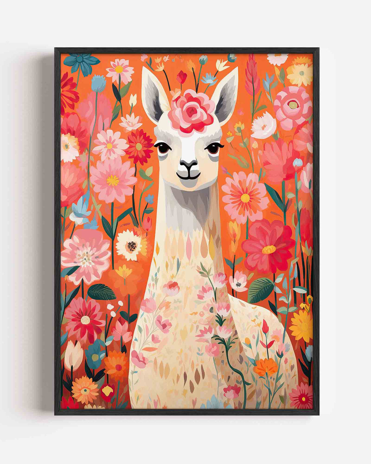 Lama tussen bloemen – kids portret poster als wanddecoratie