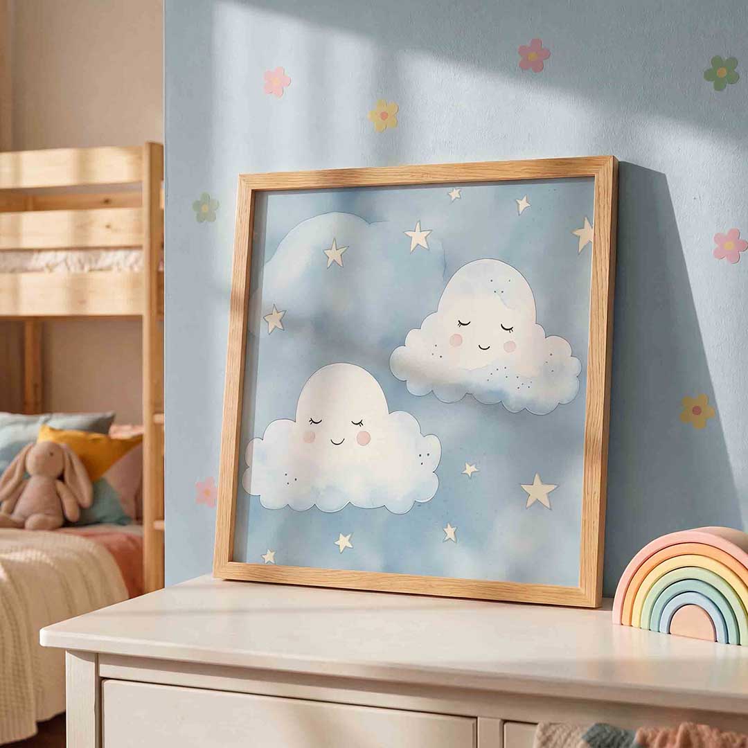 Slapende wolken – speelse wandkunst als vierkante kinderposter