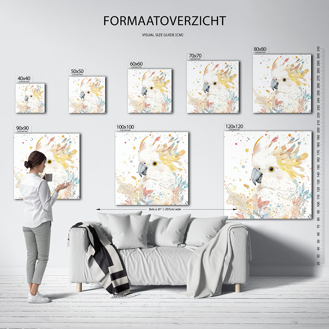Vrolijke vogel illustratie kunstwerk – dit werk toont een speelse vogel met kleurrijke veren en subtiele details, omringd