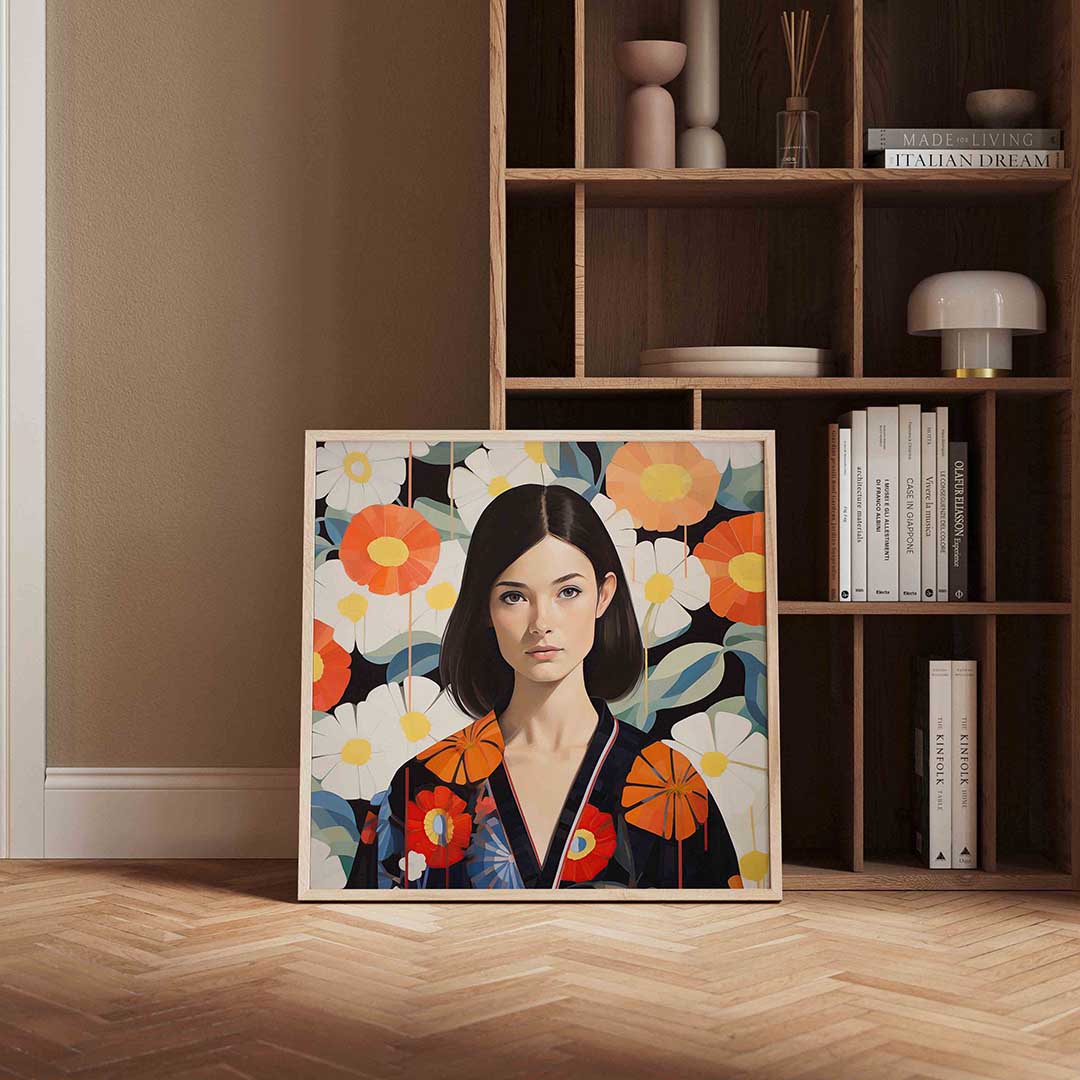 Vrouw met bloemen – vierkante design wanddecoratie van WallArtistic