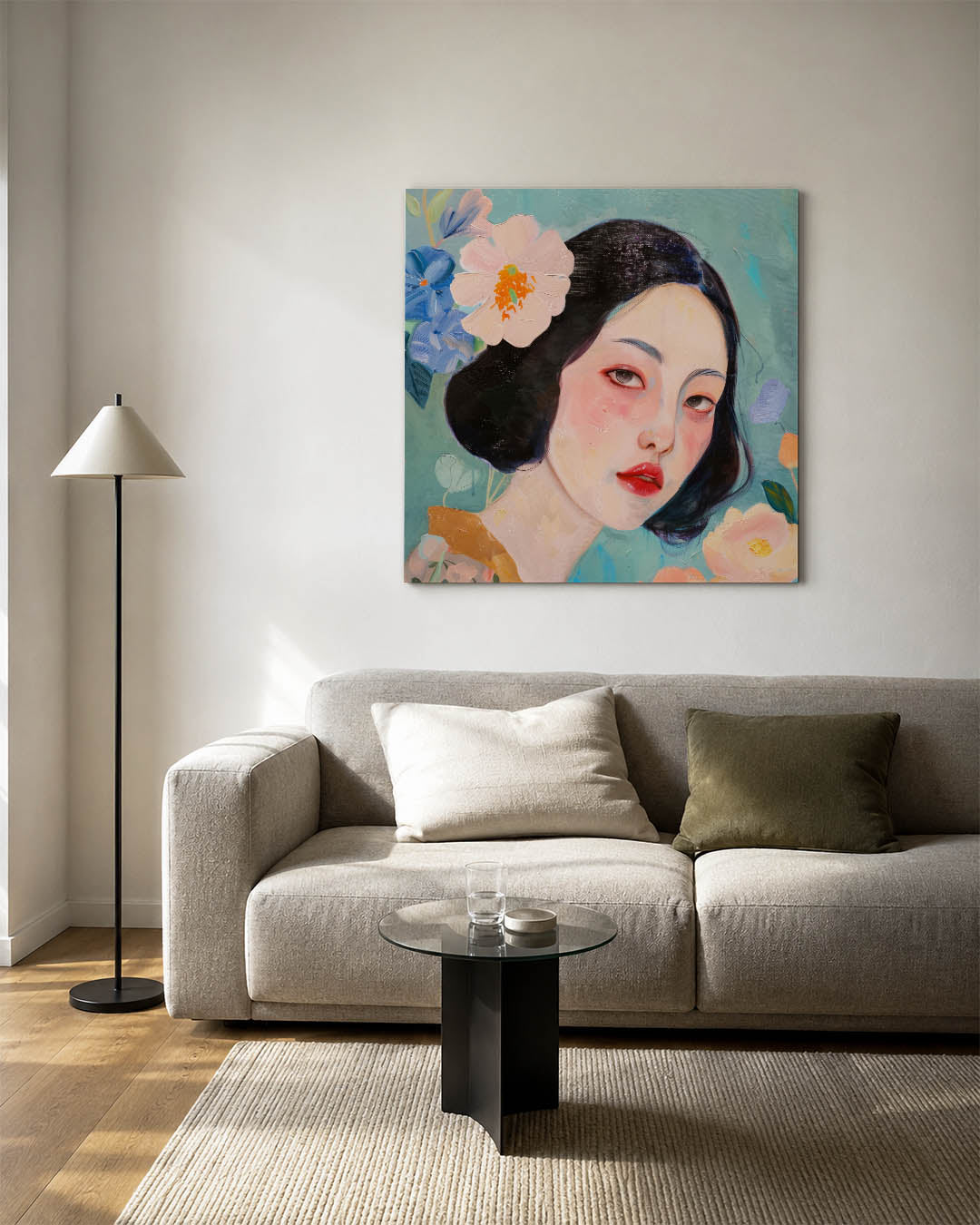 Vrouwelijk portret bloemen kunstwerk – vierkante wanddecoratie – dit werk toont een vrouwelijk portret omringd door