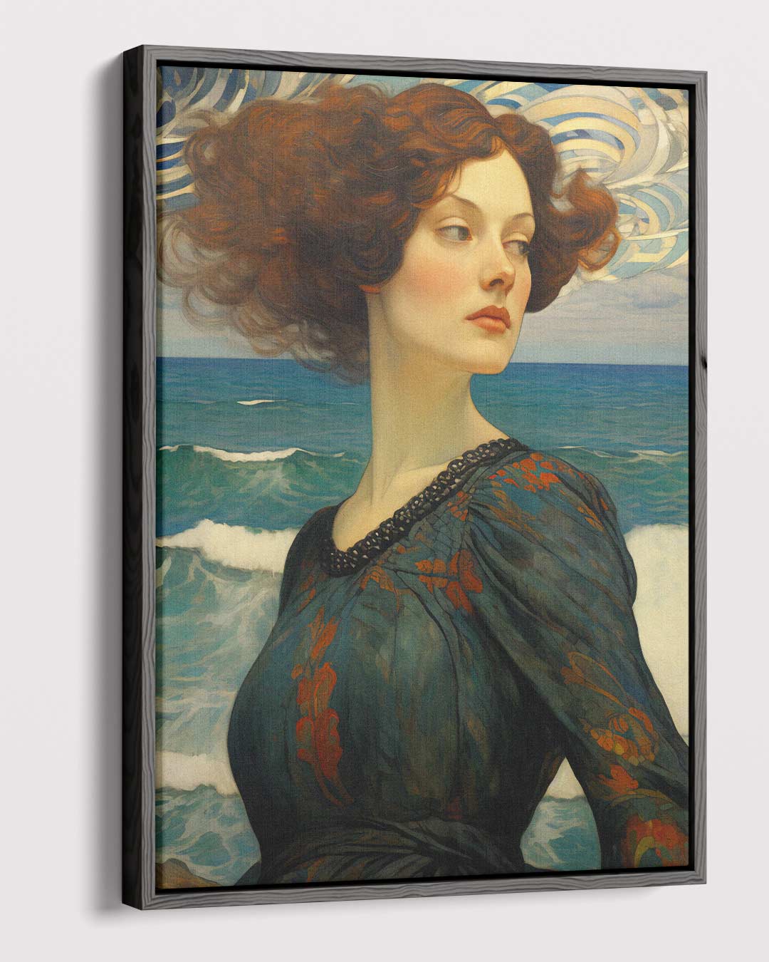 Dromerige dame aan zee – canvas wanddecoratie in portret formaat
