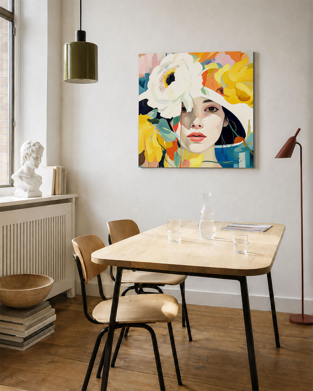 Vrouwelijk bloemenportret kunstwerk – vierkante wanddecoratie – dit werk toont een vrouwelijk gezicht omringd door grote