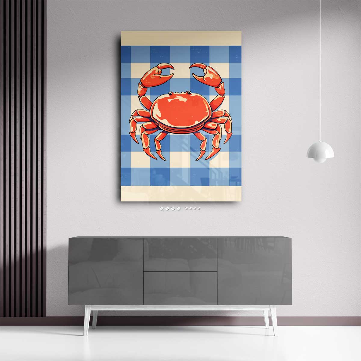 Vrolijke Krab op Blauw-Wit Patroon – kunstwerk met zwarte baklijst
