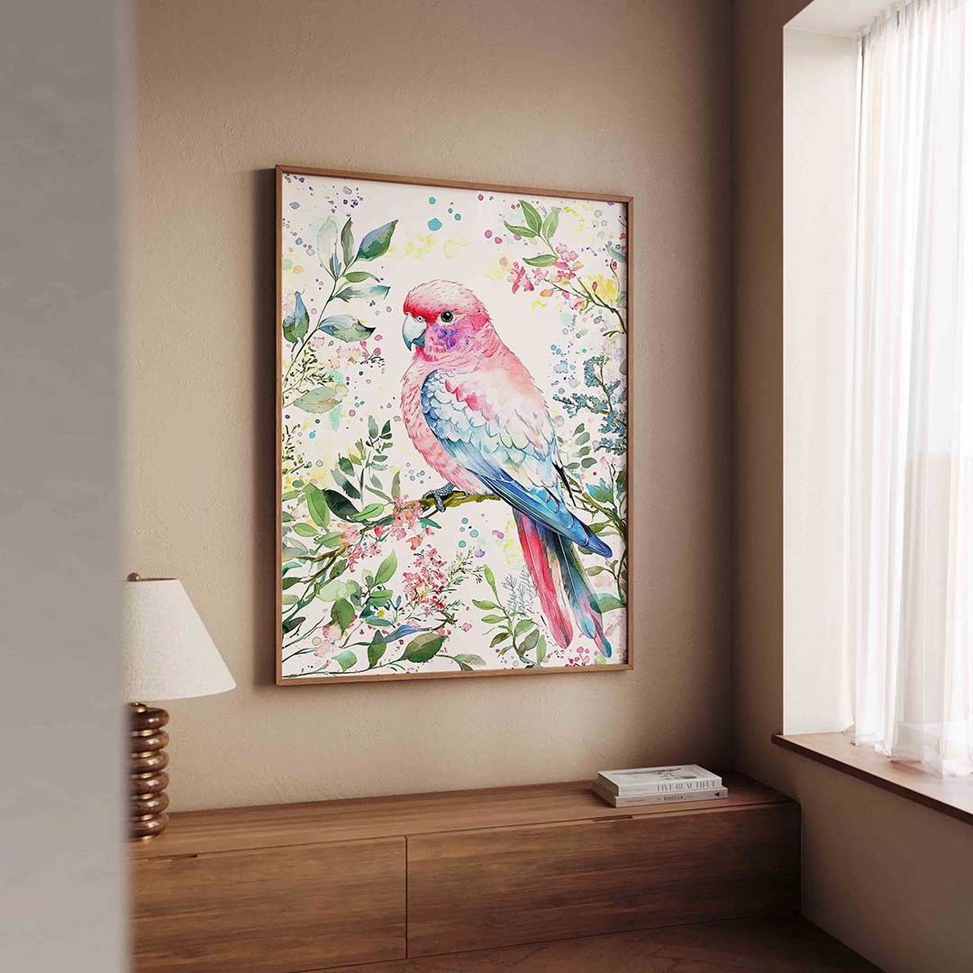 Papegaai met bloemen – dierenillustratie als portret poster