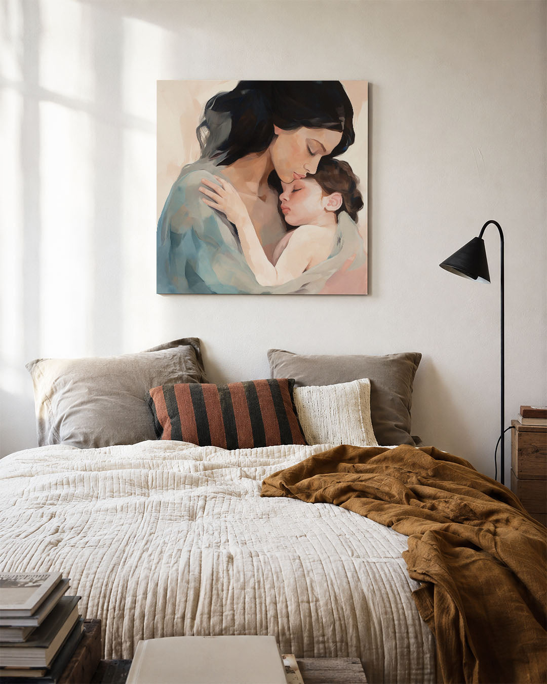 Intieme omhelzing kunstwerk – detailweergave – dit kunstwerk toont een serene moeder-kind omhelzing. Zachte kleuren en
