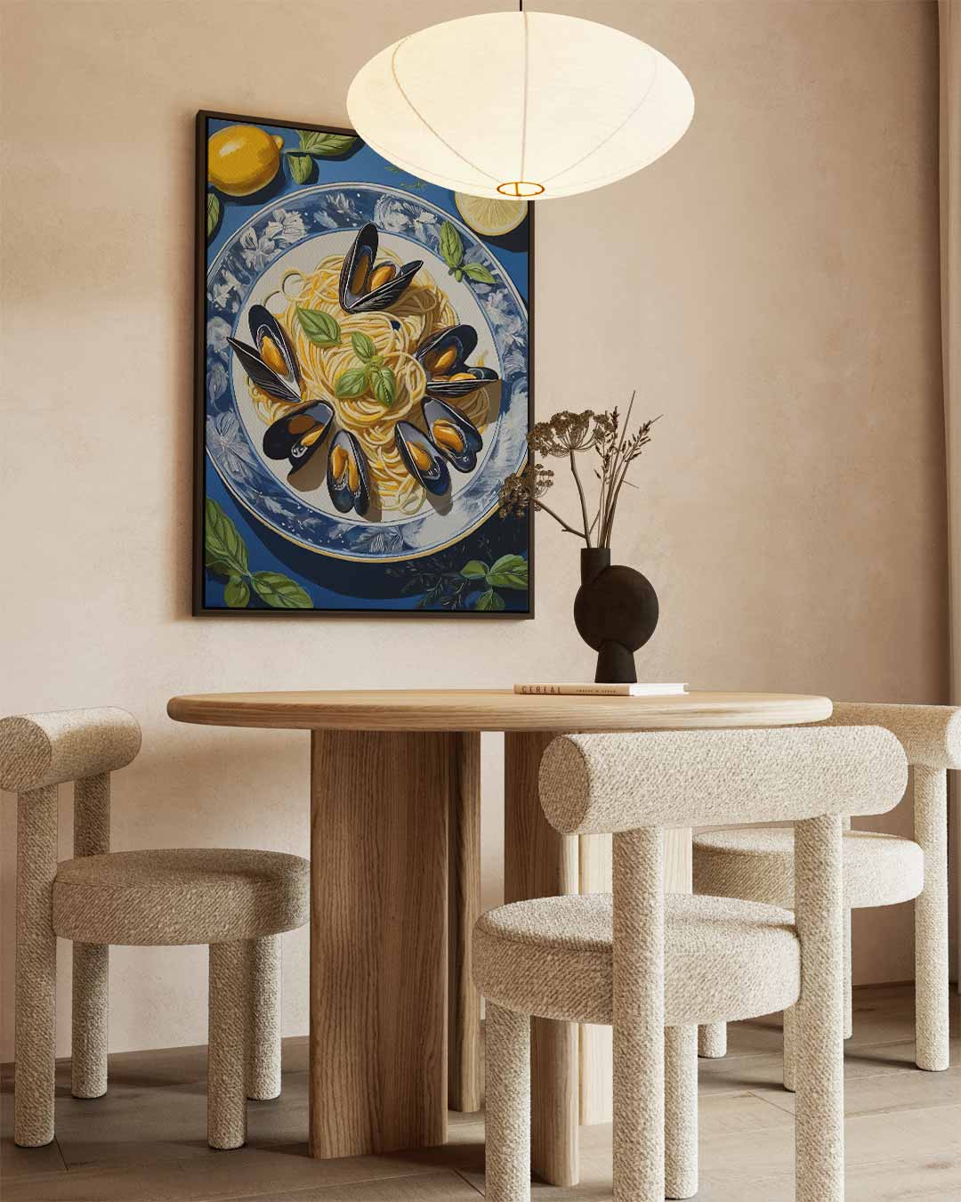 Spaghetti en Mosselen Kunstwerk – canvas wanddecoratie in portret formaat