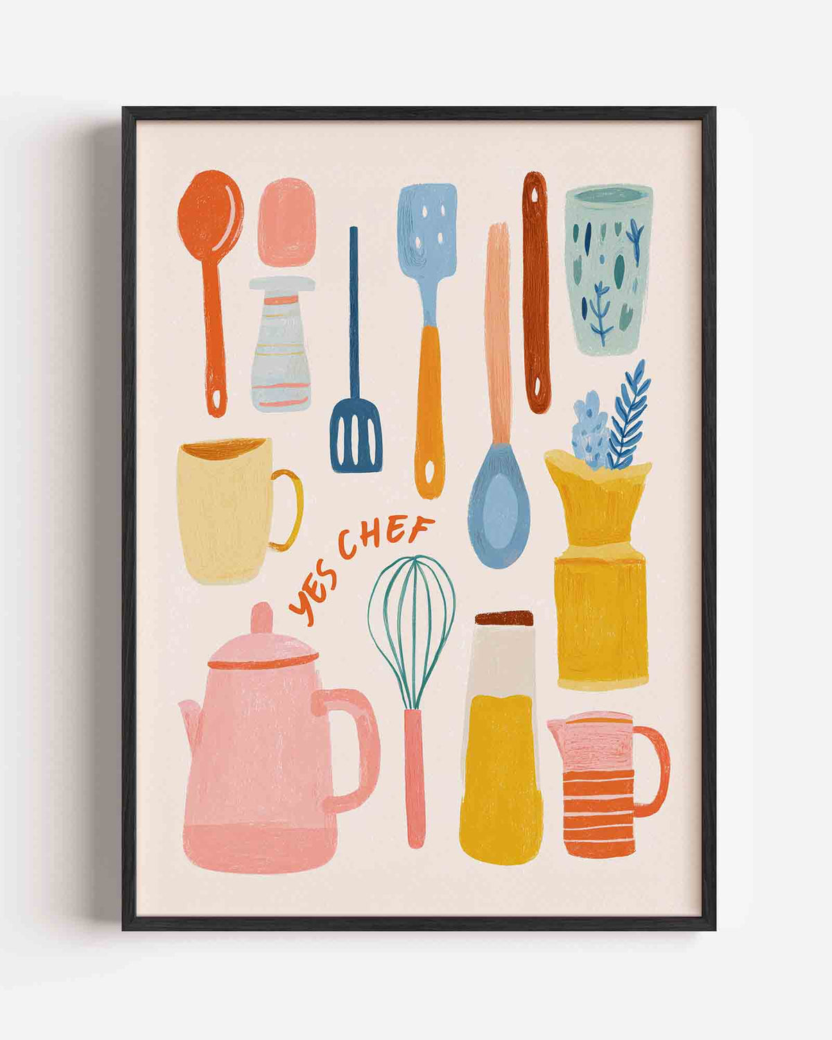 Keukengerei en kopjes – keuken portret poster als wanddecoratie