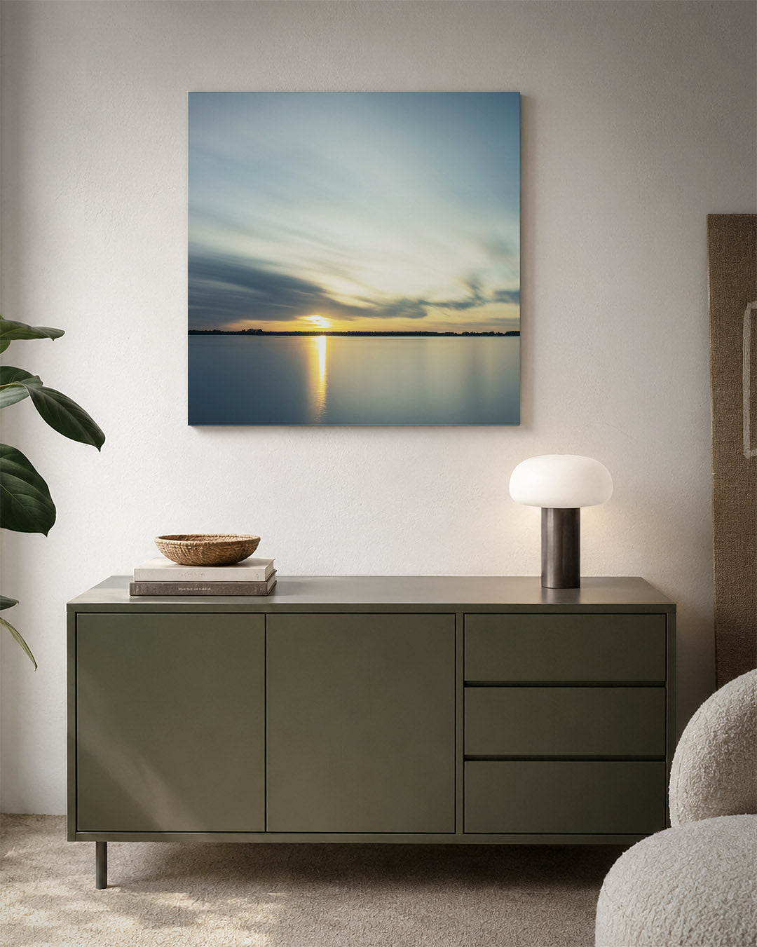 Rustige zonsondergang kunstwerk – detailweergave – deze kunstwerk toont een serene zonsondergang boven een kalm