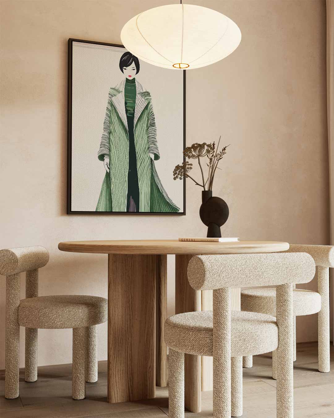 Moderne Modekunst met Groene Jas – kunstwerk met zwarte baklijst