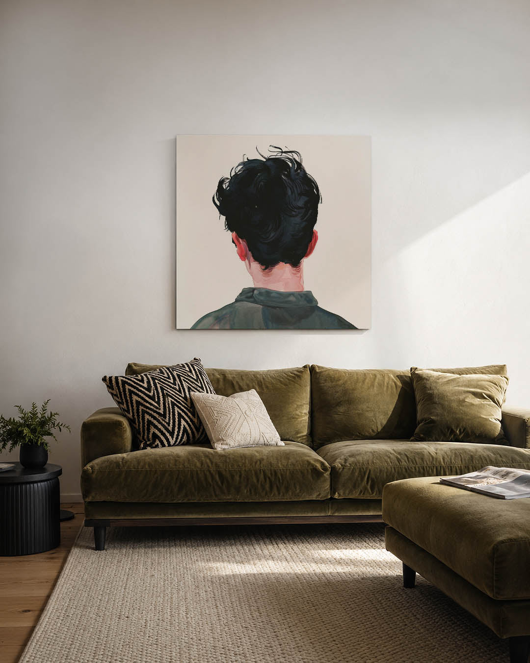 Achterkant portret kunstwerk – derde productweergave – dit werk toont de achterkant van een persoon met donker haar en een