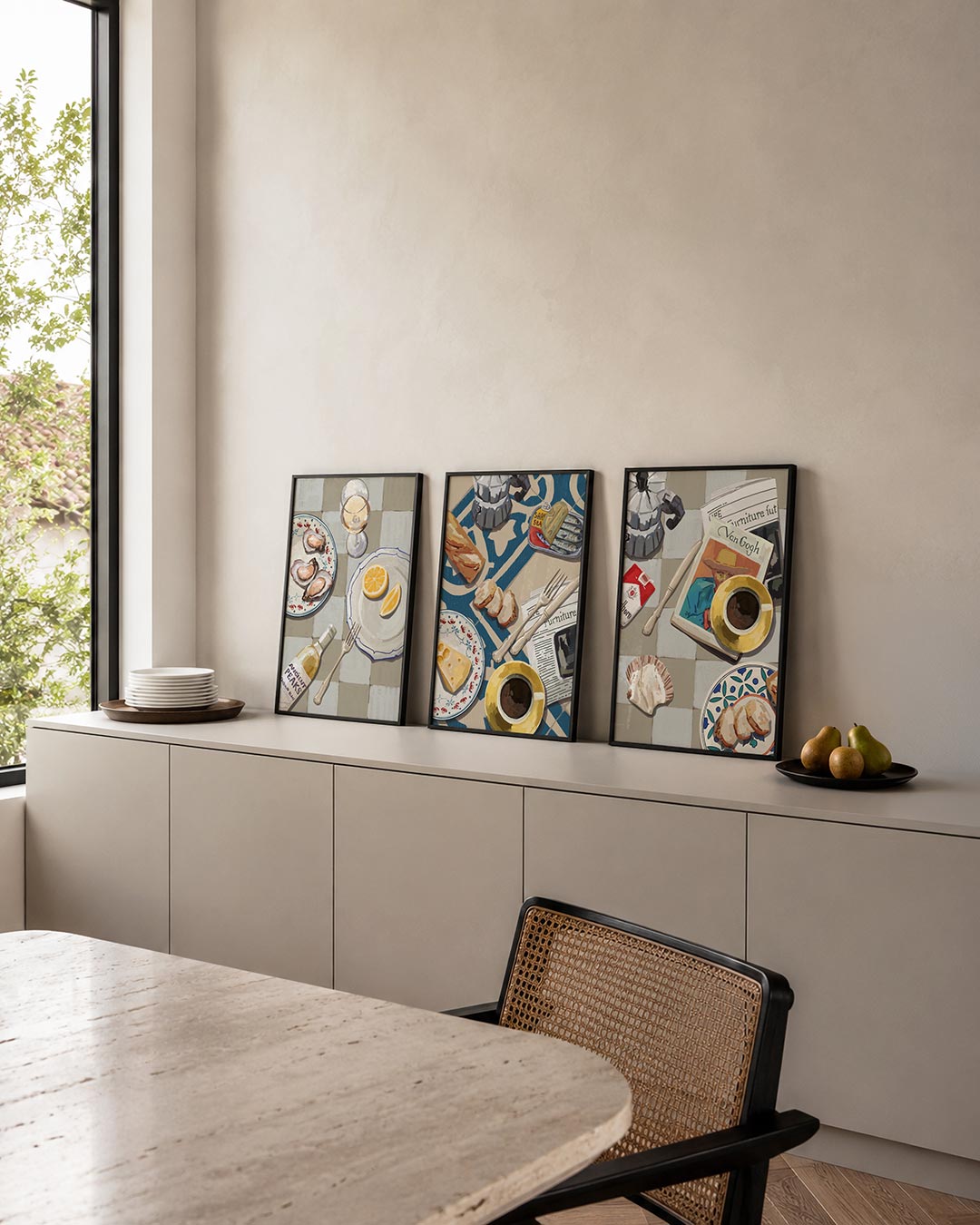 Eettafel compositie posterset – detailweergave – deze driedelige postercombinatie toont een tafel met