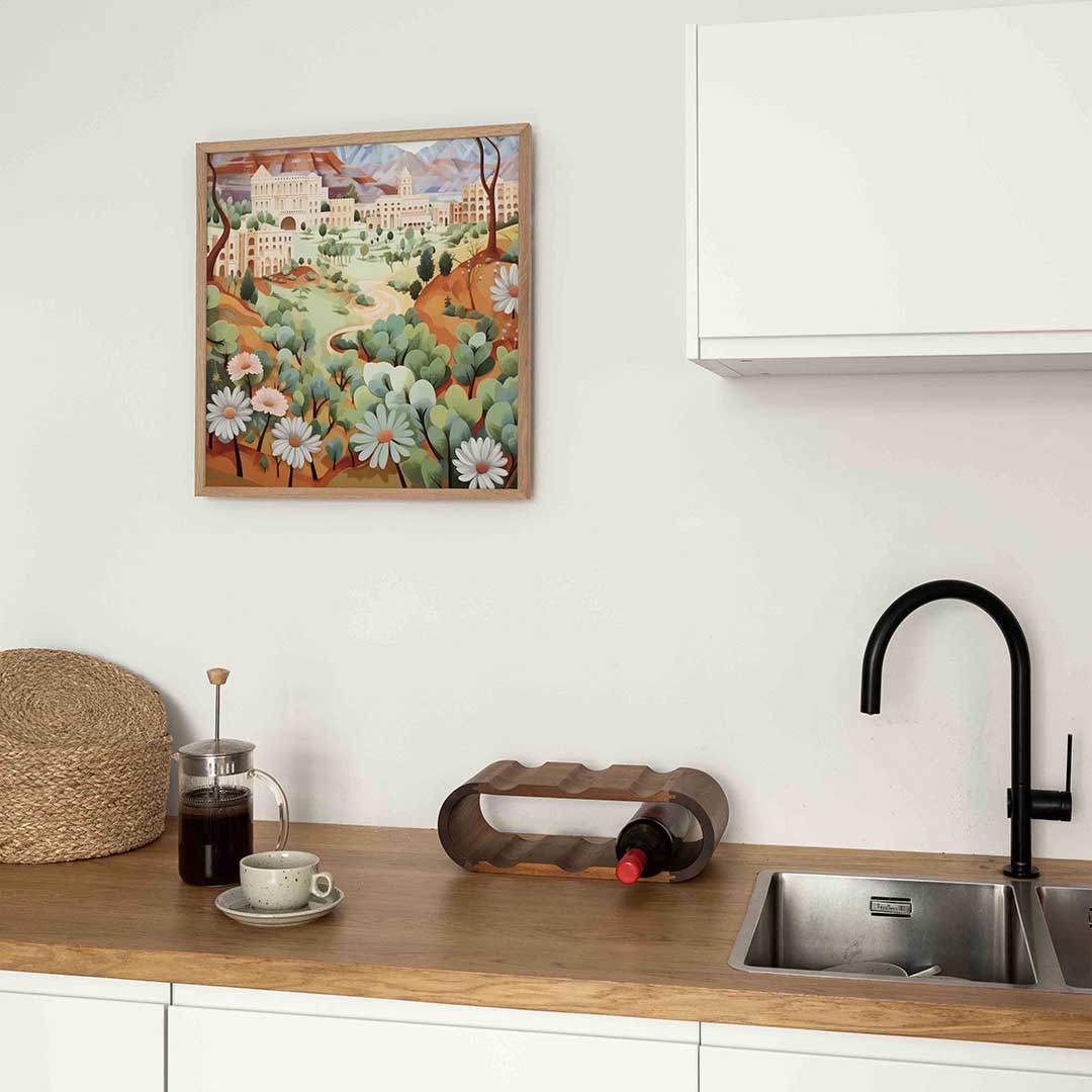 Landschap met gebouwen – keukenposter in vierkant formaat