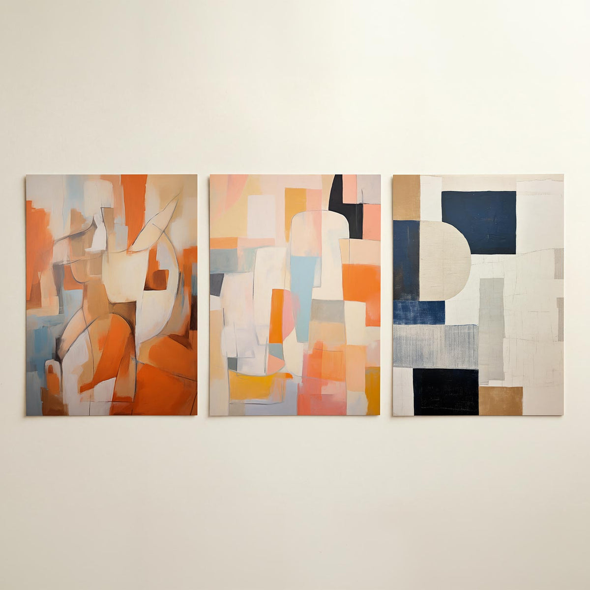 Vorm en kleurenspel driedelige posterset in interieur