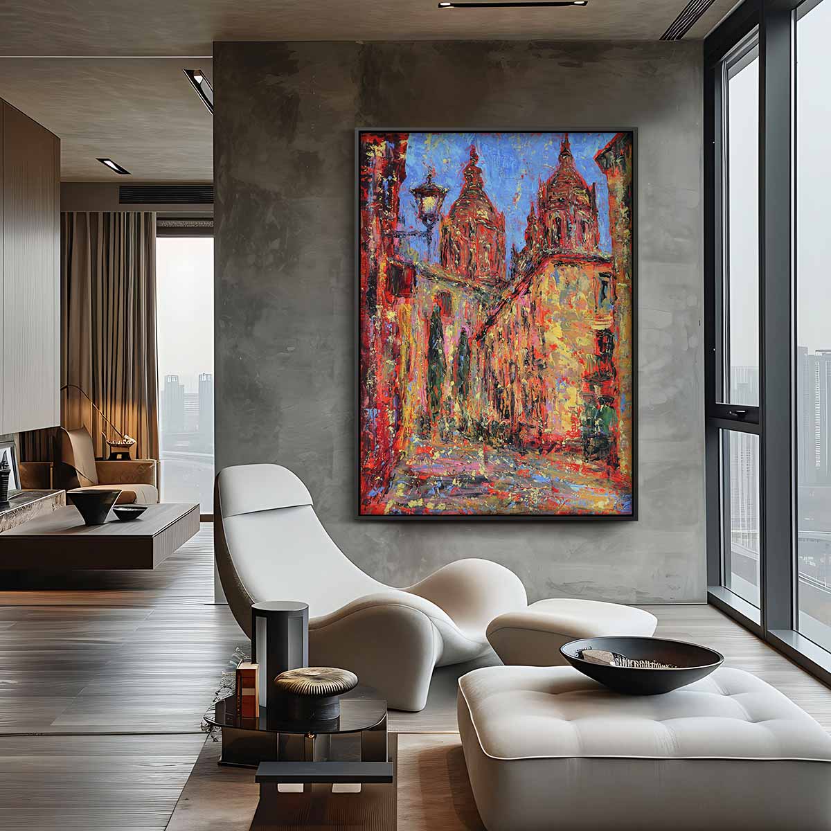 Kleurrijke Stadsstraat – dibond wanddecoratie in staand formaat