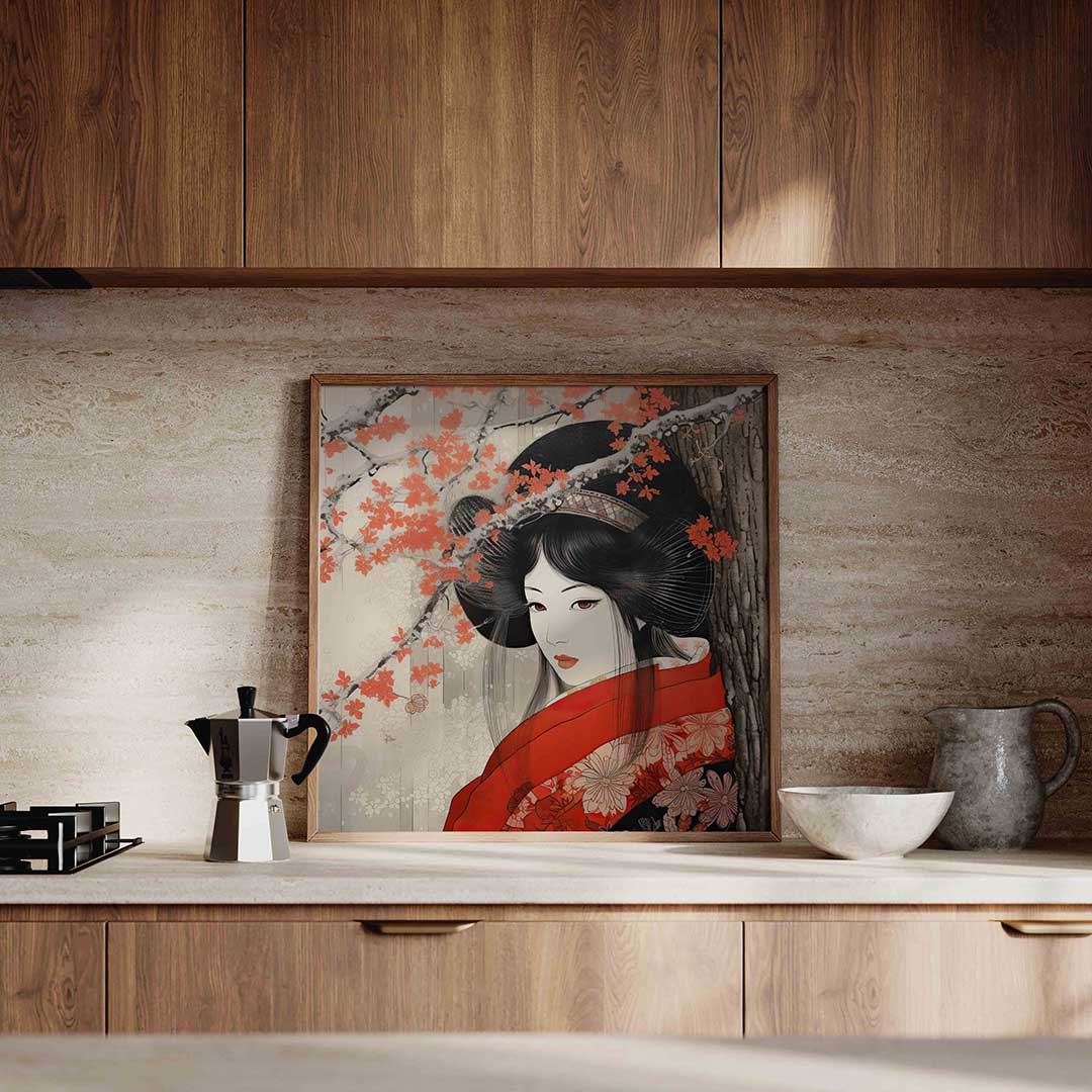 Vrouw met rode bloemen – Aziatische wandkunst als vierkante poster