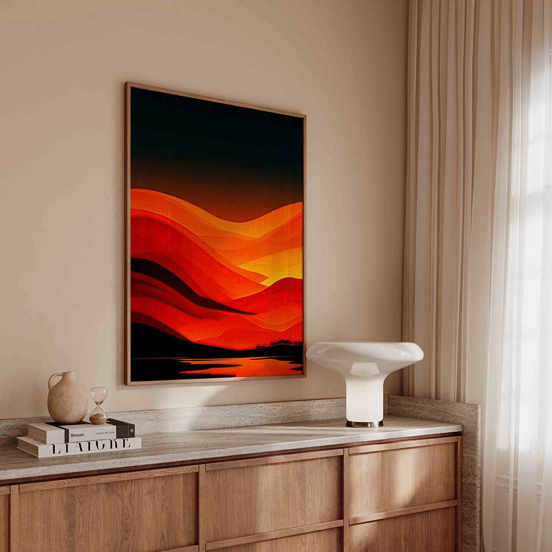 Golvende rode en oranje heuvels – abstracte poster in staand formaat