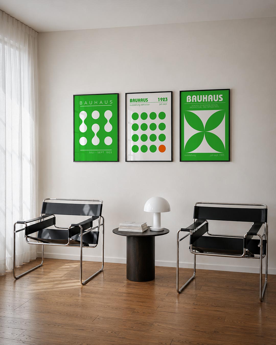 Vormen en vlakken posterset – tweede productweergave – heldere groene achtergrond met witte cirkels en zandlopervormen in een