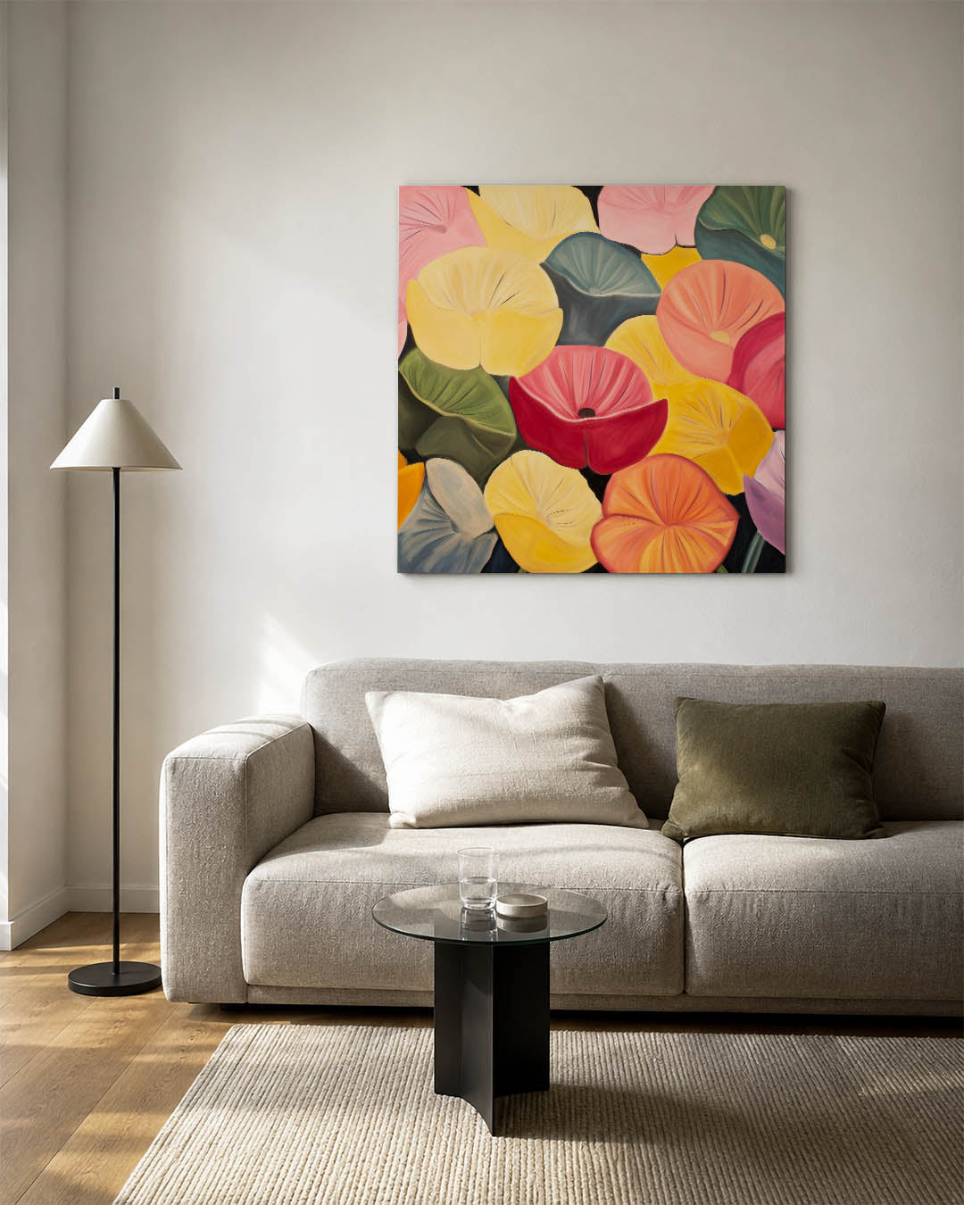 Kleurrijke bloemenvormen kunstwerk – vierkante wanddecoratie – dit werk toont een levendige verzameling van overlappende