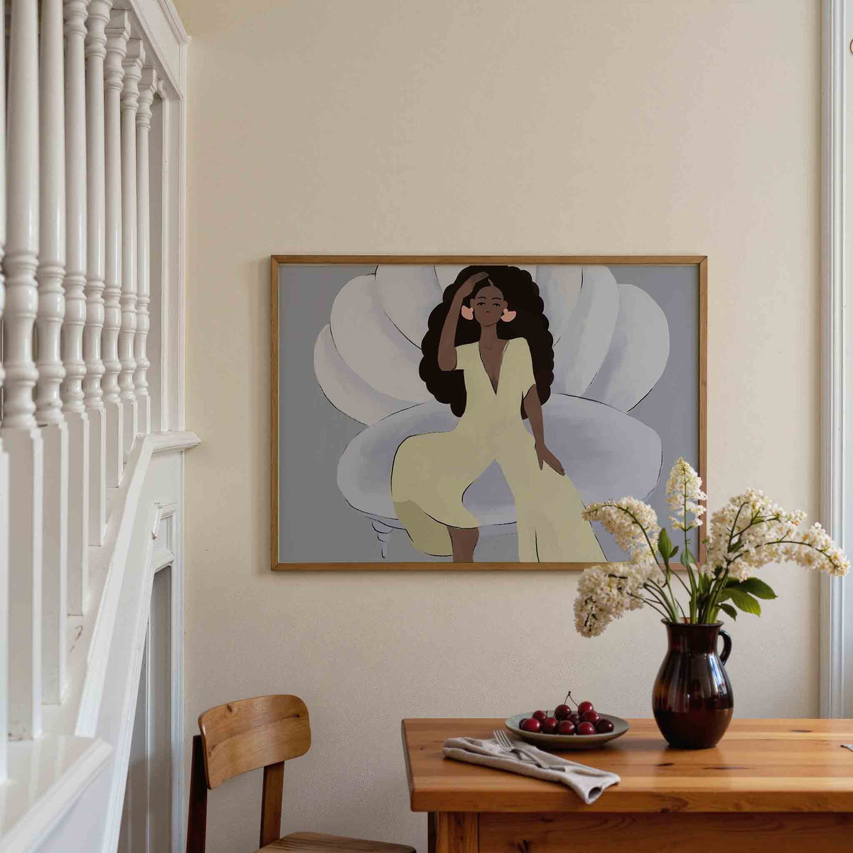 Vrouw op schelpstoel – liggende illustratie poster als wanddecoratie