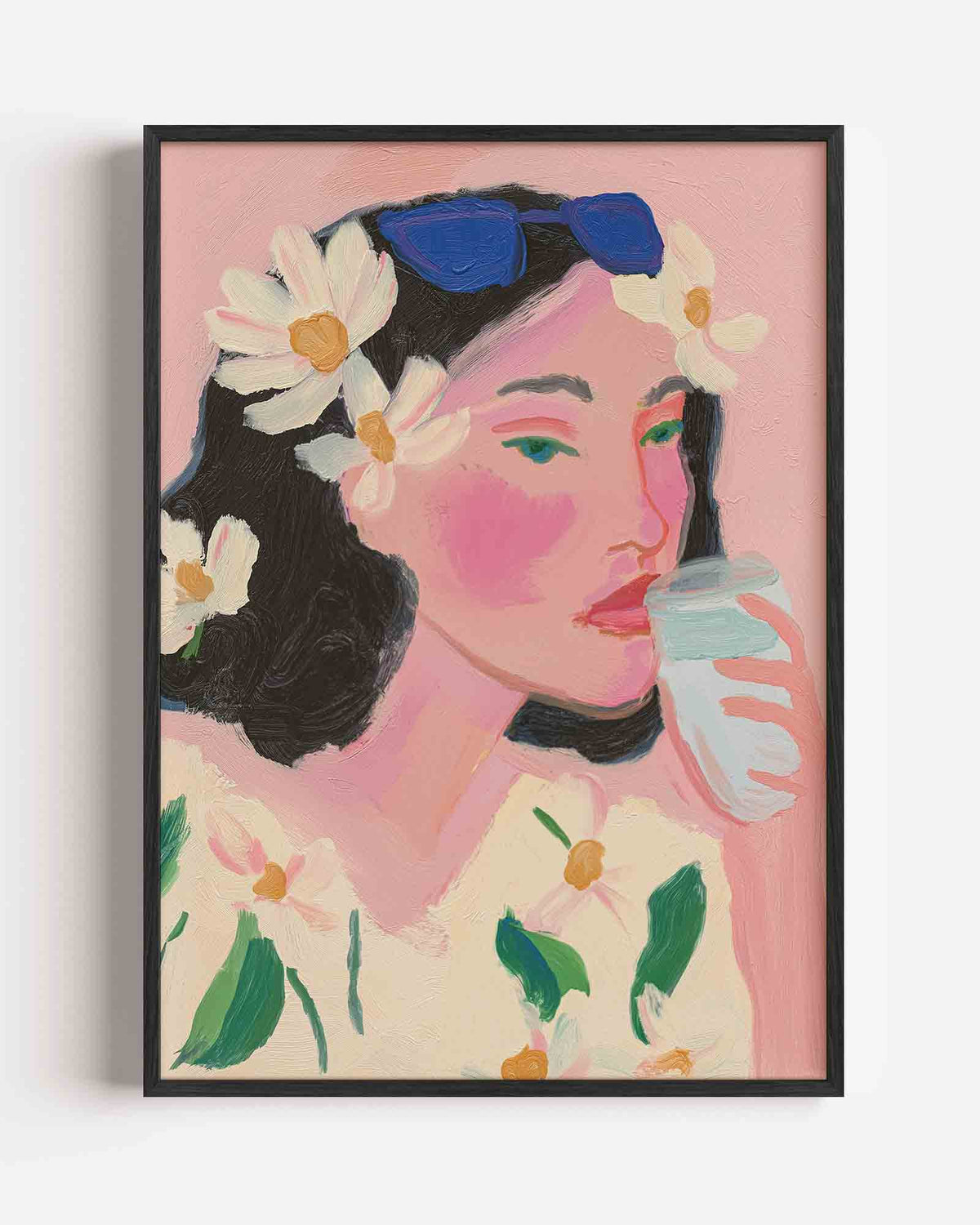 Vrouw met bloemen en zonnebril – pastel portret poster als wanddecoratie