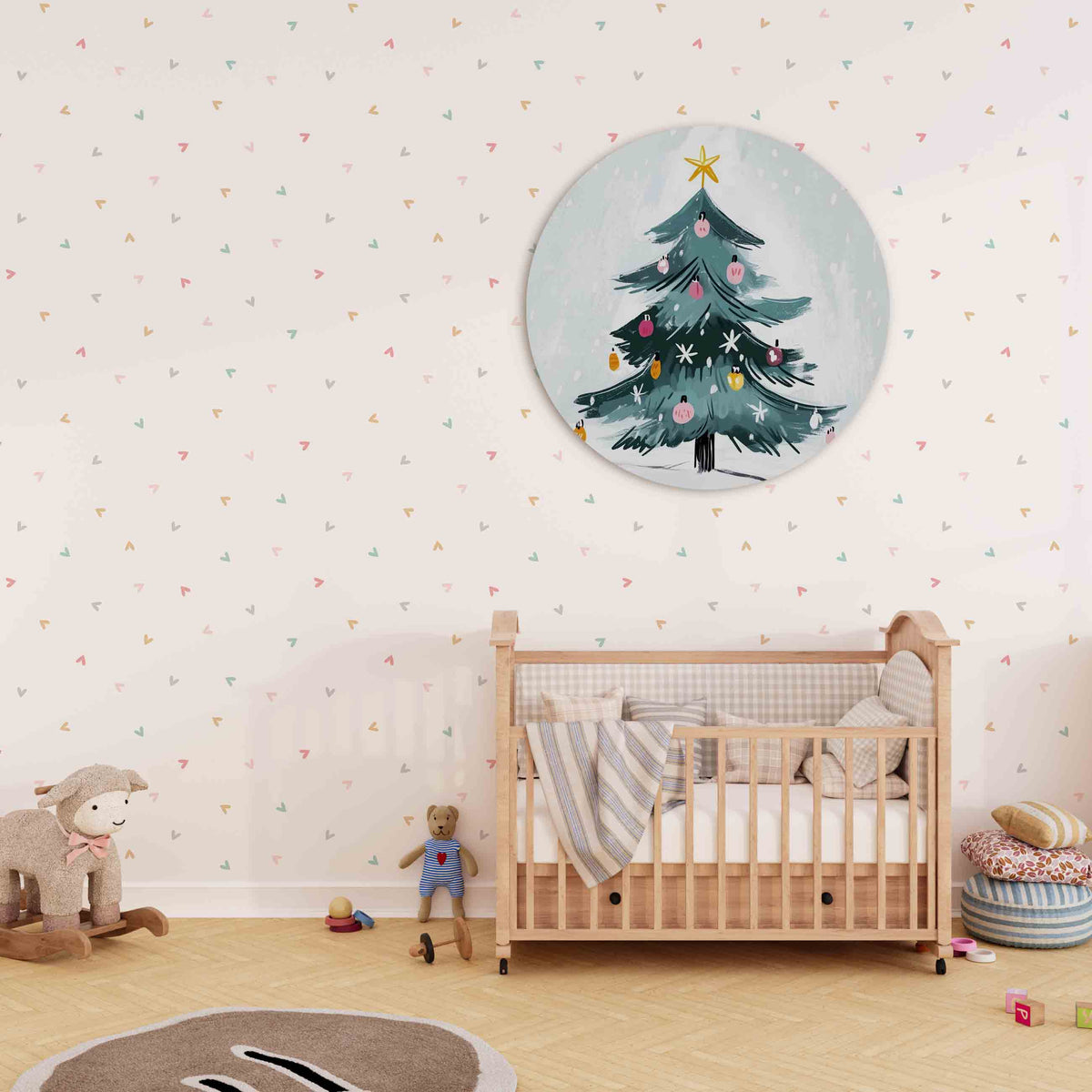 Kerstboom met versiering Muurcirkel – derde productweergave – Een groene kerstboom met kleurrijke ballen en een gele ster.